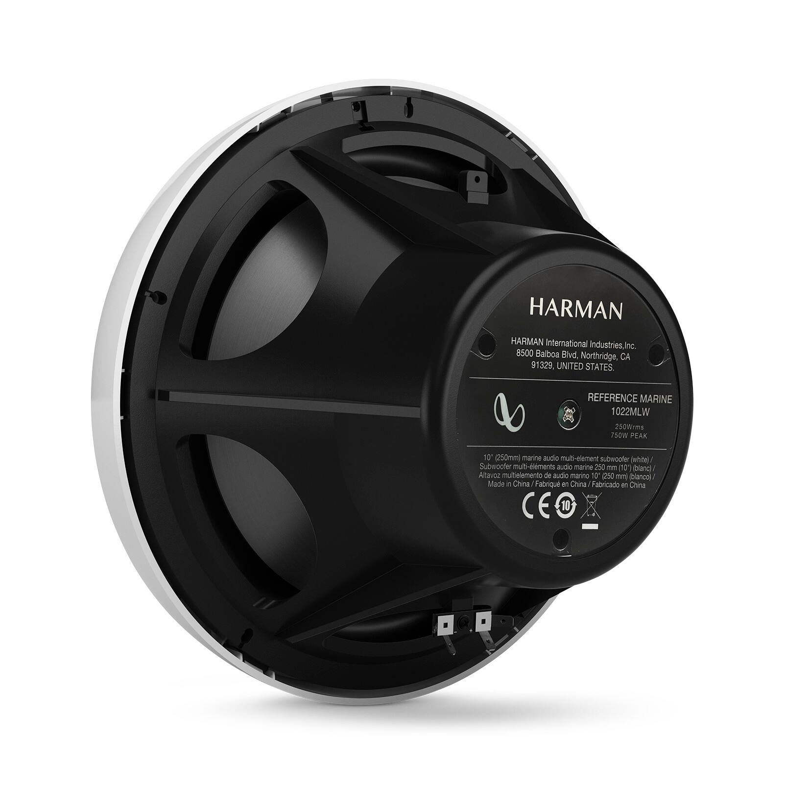 HARMAN International Industries, Inc.  
8500 Balboa Blvd. Northridge, CA 91329, UNITED STATES.  

REFERENCE MARINE  
1022MLW  
250W rms 750W PEAK  
10" (250mm) marine audio multi-element subwoofer (white)  
Subwoofer multielemento de audio marino 10" (250 mm blanco)  
Made in China / Fabriqué en Chine / Fabricado en China  
CE