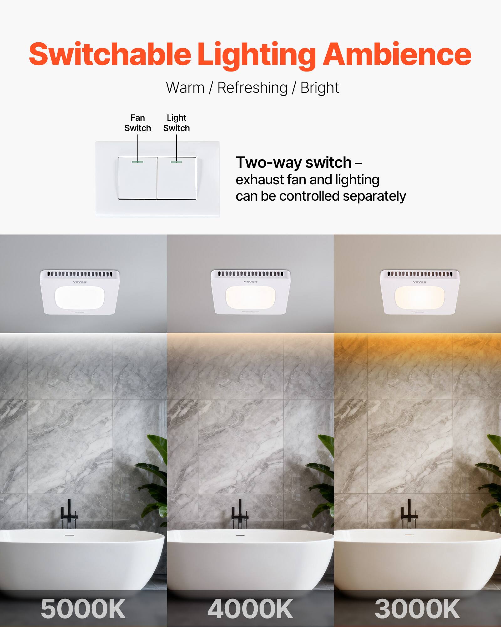 Switchable Lighting Ambience  
Warm / Refreshing / Bright  

Fan Switch  
Light Switch  

Two-way switch – exhaust fan and lighting can be controlled separately  

5000K  
4000K  
3000K