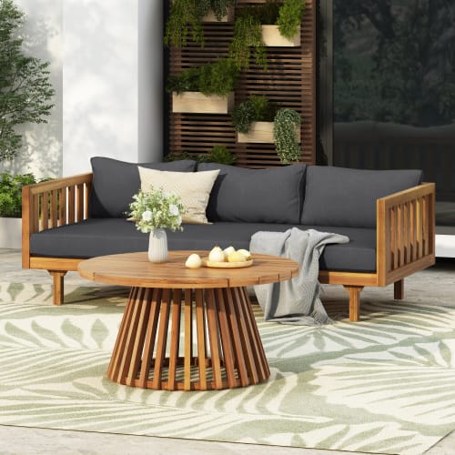 Siljoy - Acacia Wood Outdoor 3-Seater Daybed with Water-Resistant Thick Cushions & Round Coffee Table - Dark Grey - Dark Gray