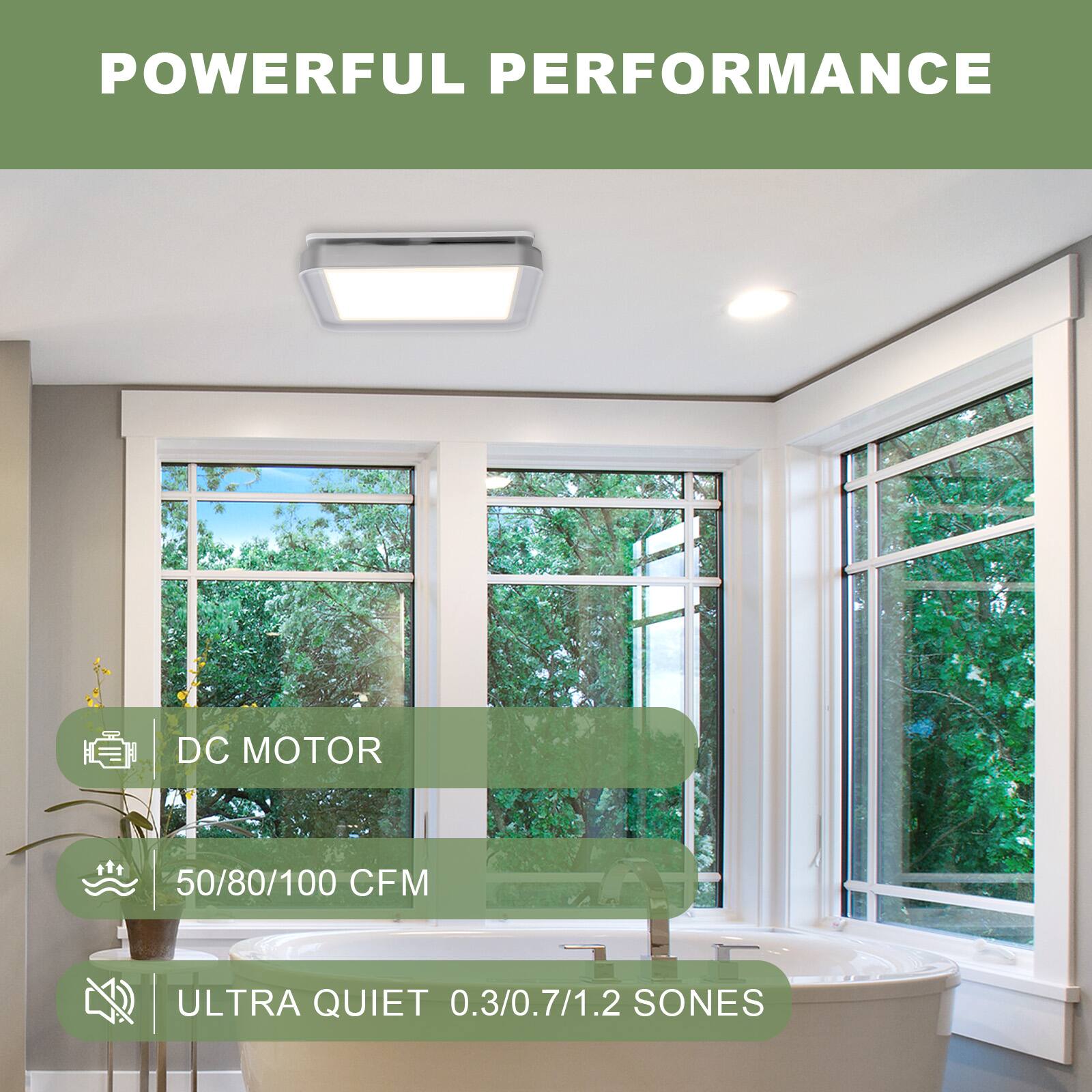 POWERFUL PERFORMANCE

- DC MOTOR
- 50/80/100 CFM
- ULTRA QUIET 0.3/0.7/1.2 SONES