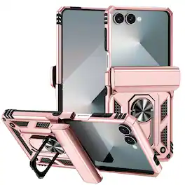Dteck - For Samsung Galaxy Z Flip 7 Heavy Duty Rugged Case Shockproof Ring Kickstand Hinge Protection Cover Magnetic Car Mount - Rosegold