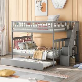 Loheer - Full Over Full Bunk Bed with Trundle and Stairs - Gray