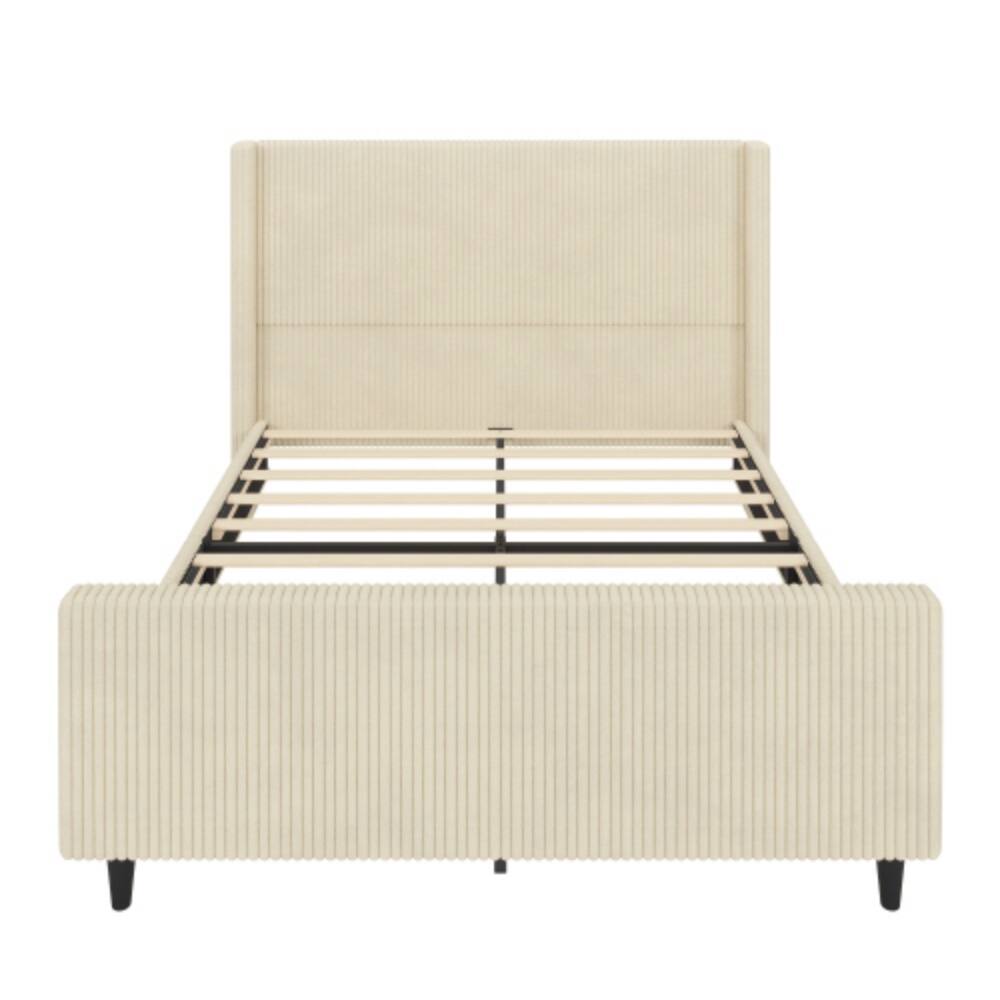Alt View 1. LUCKY ONE - Queen Size Corduroy Upholstered Platform Bed Frame with 50.7in Wingback Headboard, High Footboard, Wooden Slats - Cream.