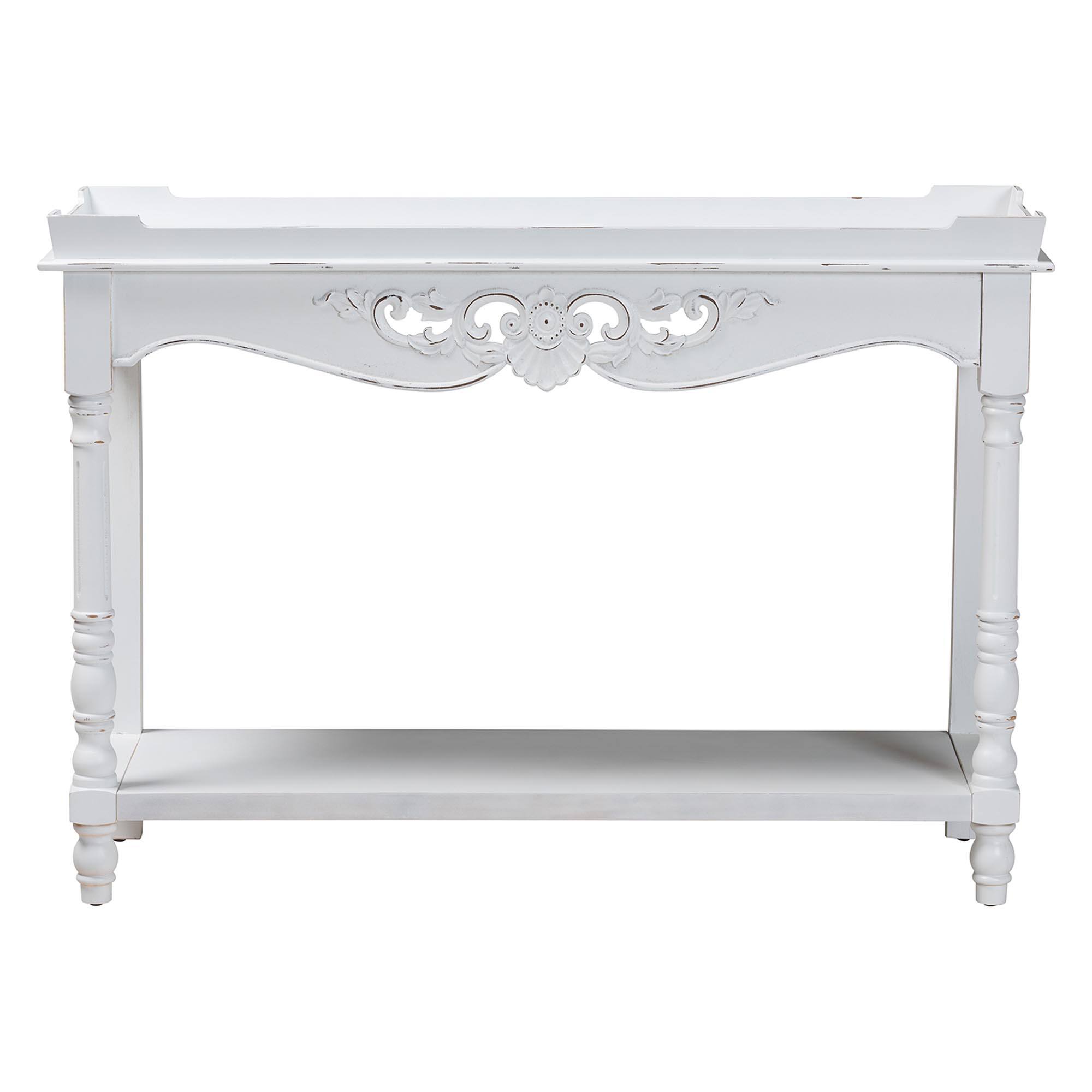 Angle. Baxton Studio - Rafferty Distressed Console Table - Vintage-Inspired Accent Table with Ornate Carved Apron and Lower Shelf - White.