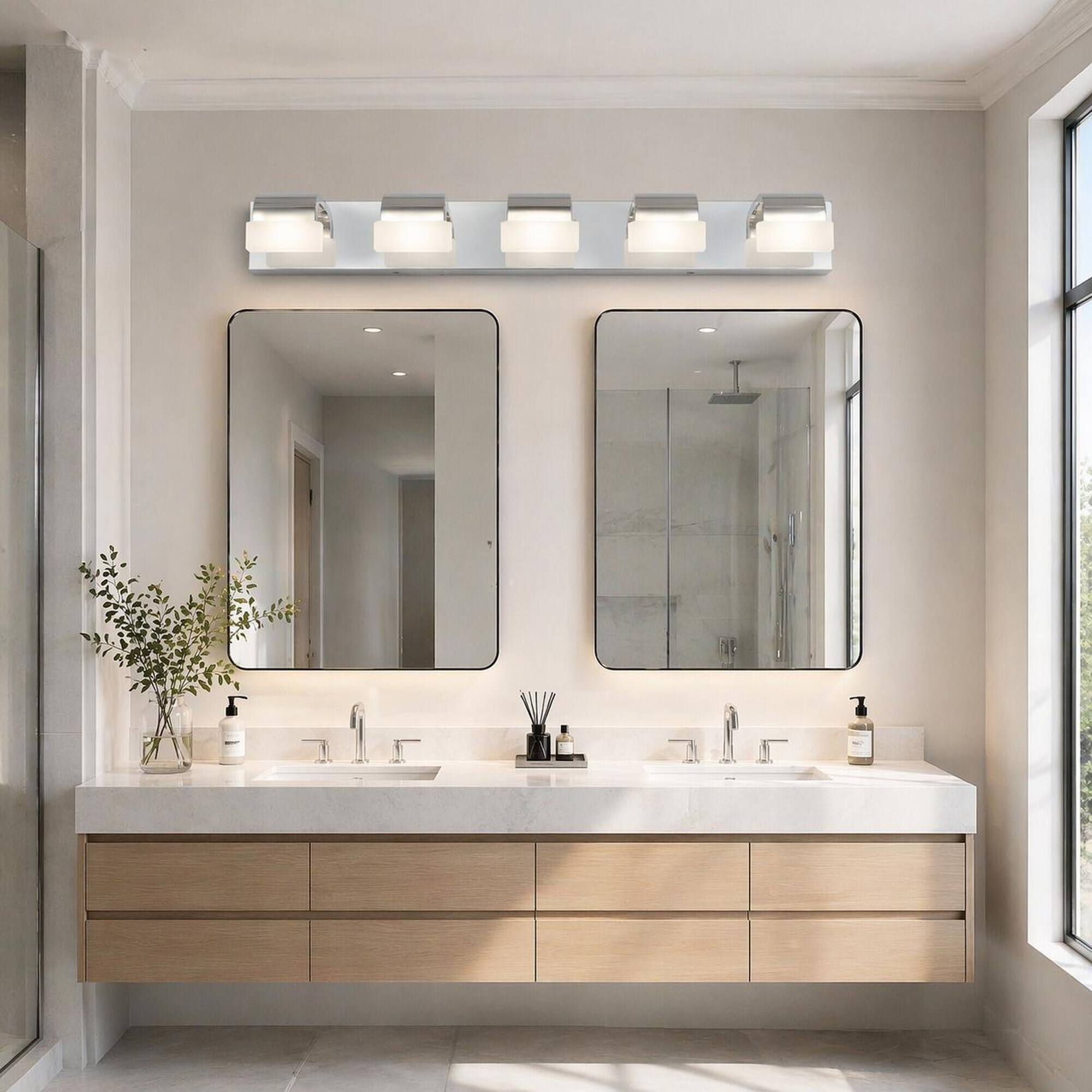 Back. RYHNUYNE - 5‑Light Chrome LED Bathroom Vanity Light, Modern Acrylic Wall Mount Vanity Mirror Light for Bathroom - Chrome.