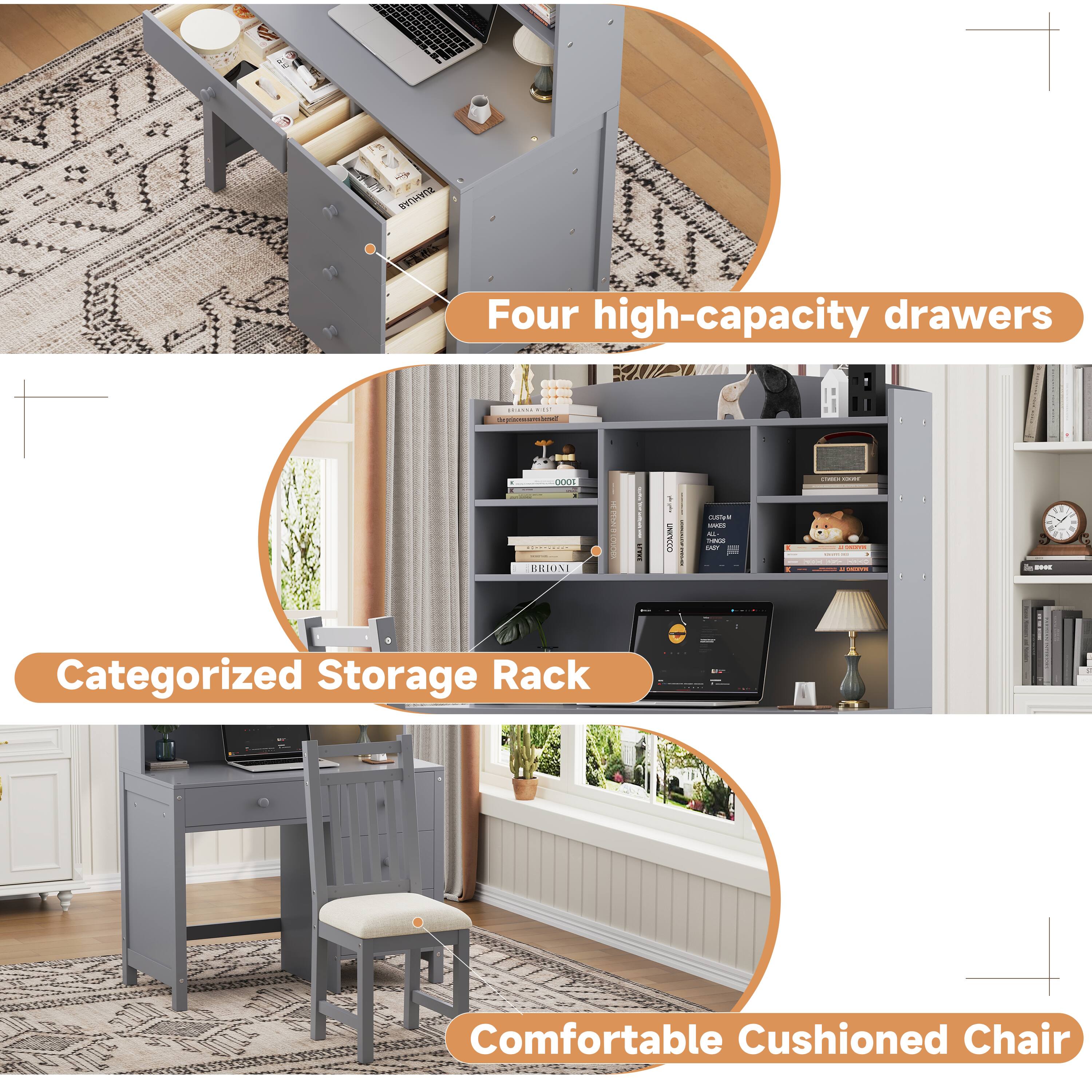 - Four high-capacity drawers
- Categorized Storage Rack
- Comfortable Cushioned Chair