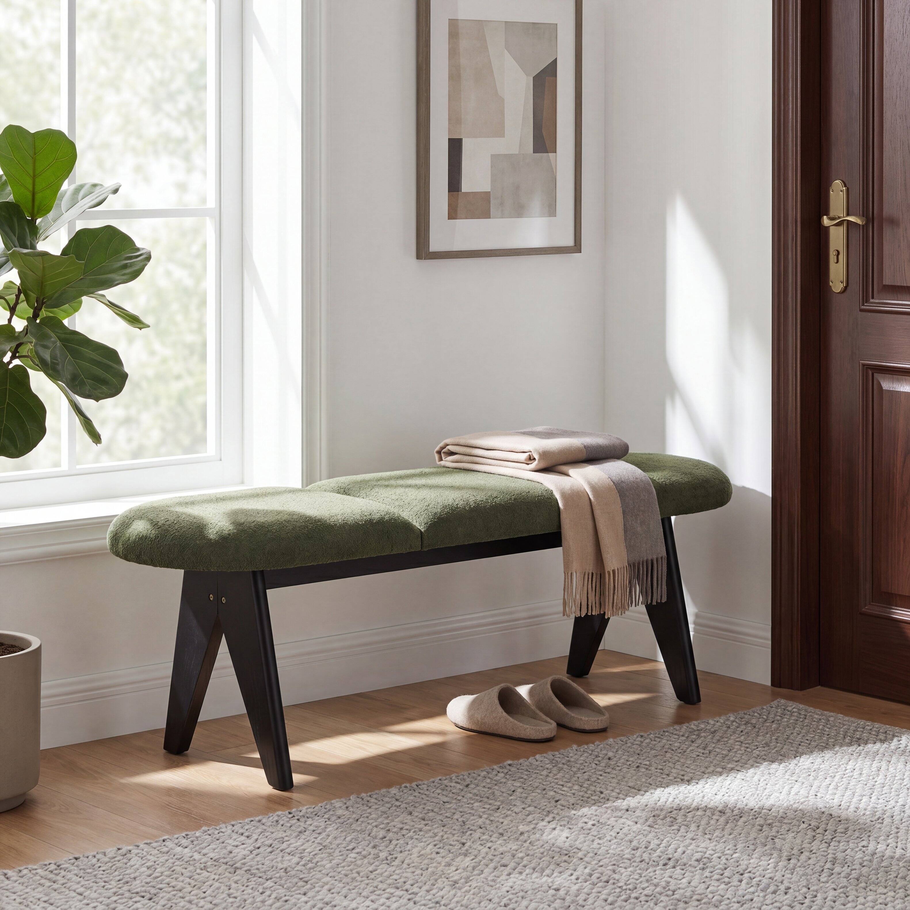 Left. Ropilly - Ropilly 53 Inch Green Upholstered Entryway Bench with Black Wood Legs, Modern Fabric Bedroom Seating - Green.