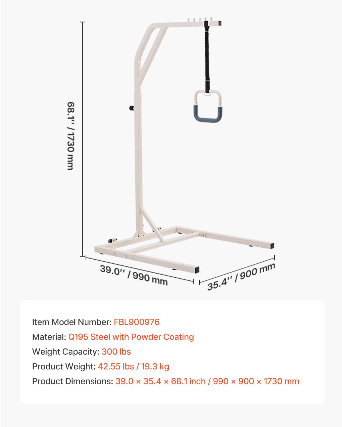 68.1" / 1730 mm  
39.0" / 990 mm  
35.4" / 900 mm  

Item Model Number: FBL900976  
Material: Q195 Steel with Powder Coating  
Weight Capacity: 300 lbs  
Product Weight: 42.55 lbs / 19.3 kg  
Product Dimensions: 39.0 x 35.4 x 68.1 inch / 990 x 900 x 1730 mm