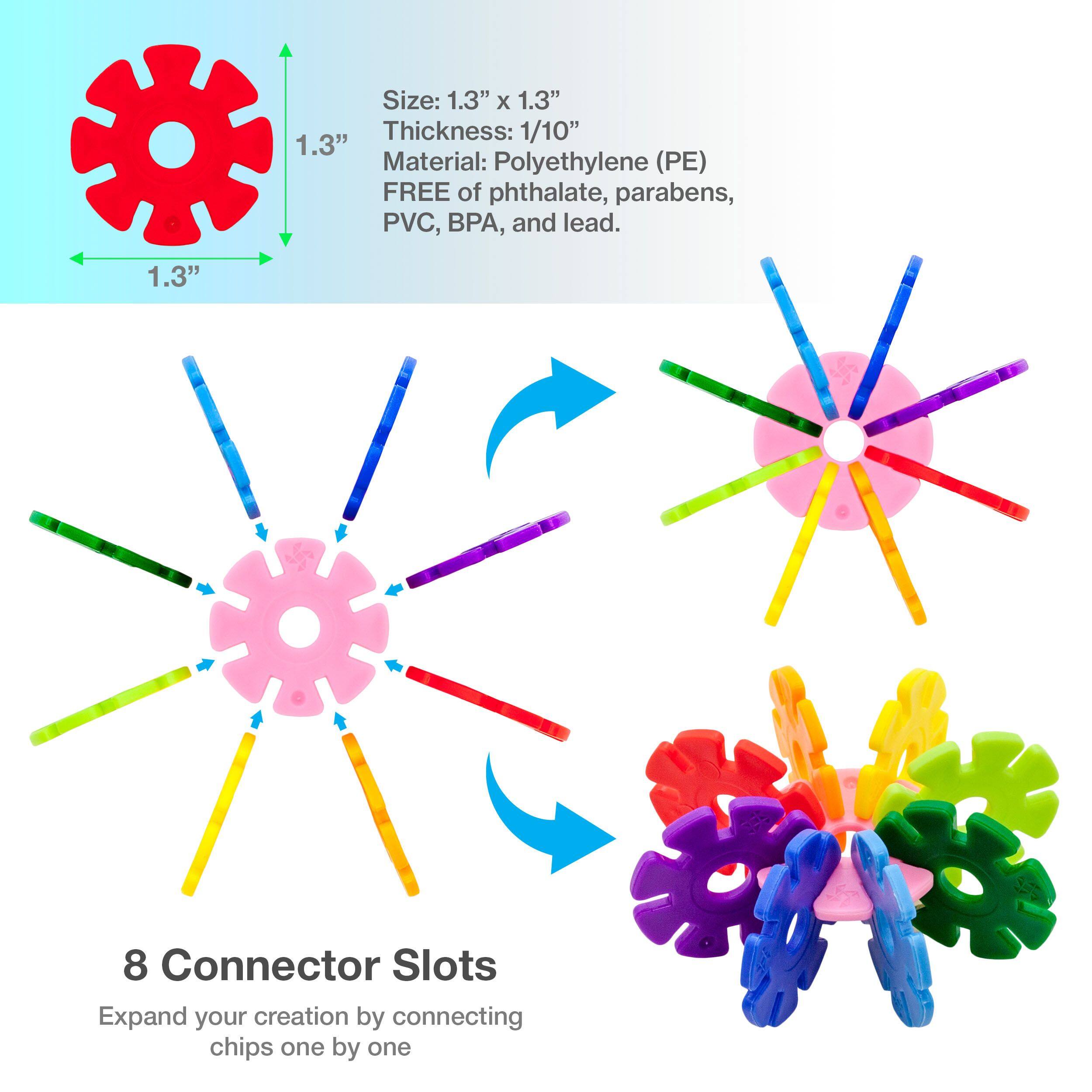 Size: 1.3" x 1.3"  
Thickness: 1/10"  
Material: Polyethylene (PE)  
FREE of phthalate, parabens, PVC, BPA, and lead.  

8 Connector Slots  
Expand your creation by connecting chips one by one