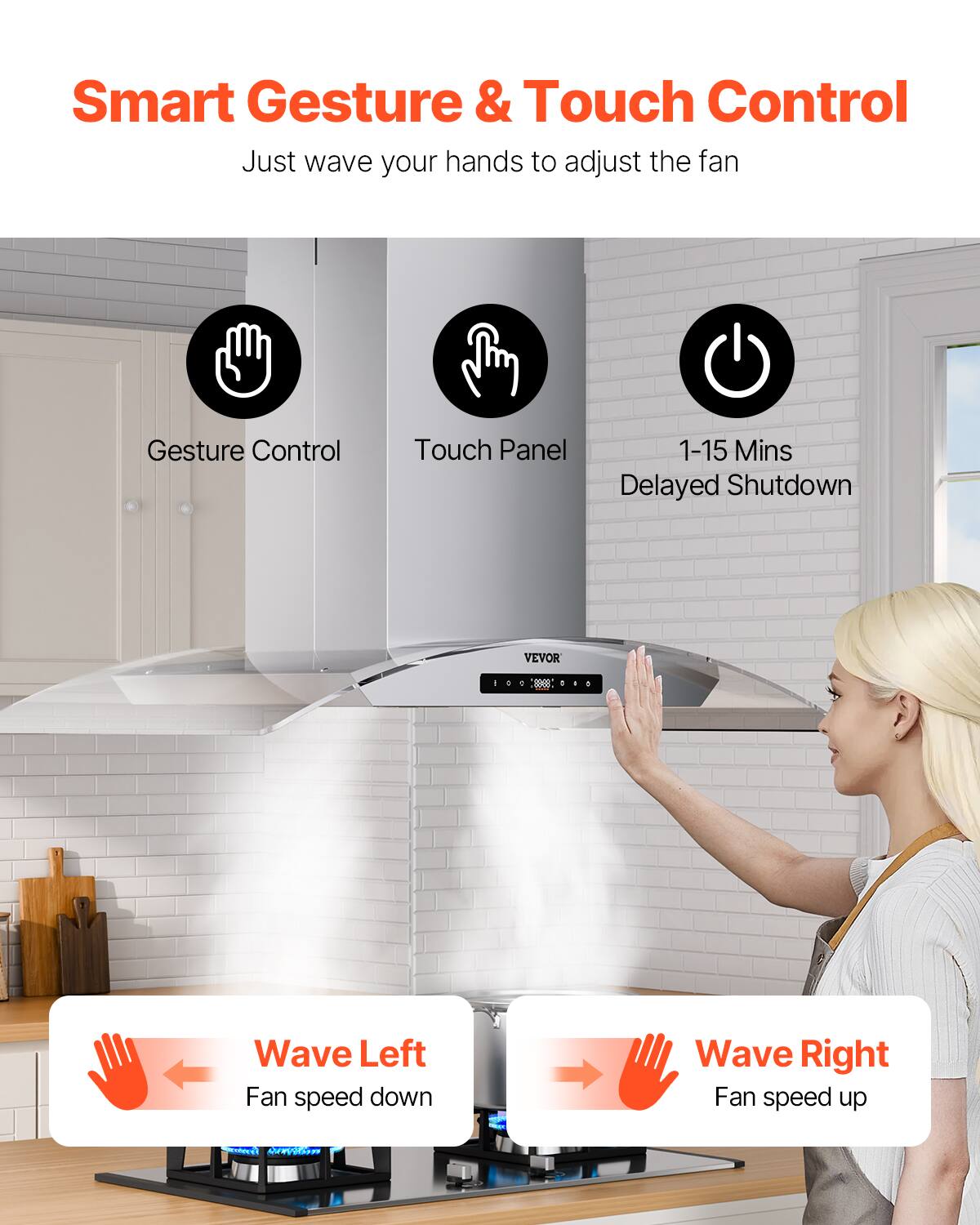 Smart Gesture & Touch Control  
Just wave your hands to adjust the fan  

Gesture Control  
Touch Panel  
1-15 Mins Delayed Shutdown  

Wave Left  
Fan speed down  

Wave Right  
Fan speed up