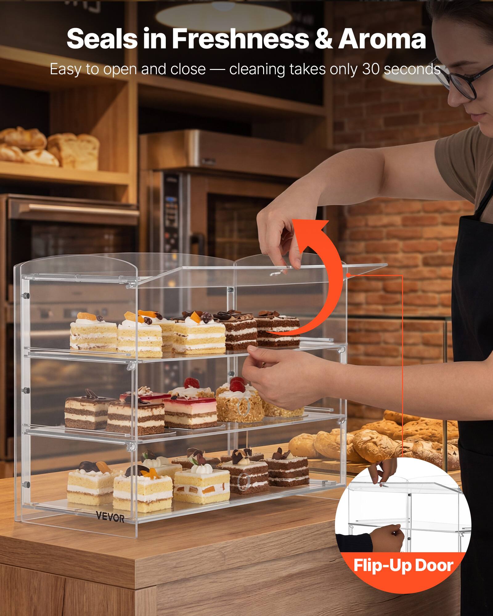 Seals in Freshness & Aroma  
Easy to open and close — cleaning takes only 30 seconds  

VEVOR Flip-Up Door