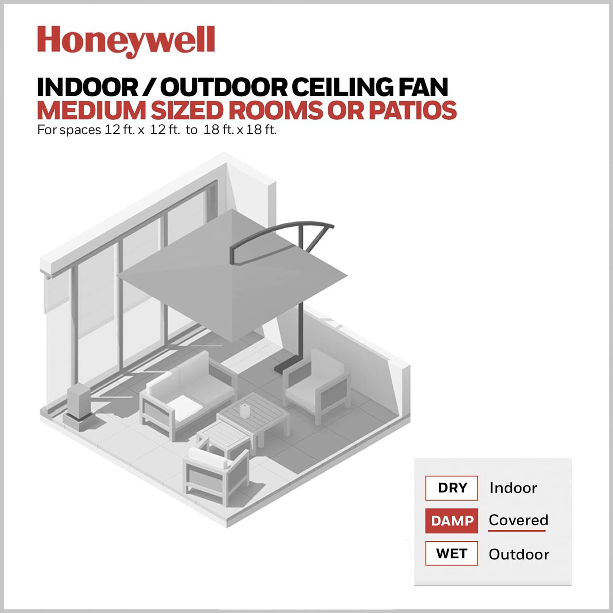 Honeywell INDOOR/OUTDOOR CEILING FAN  
MEDIUM SIZED ROOMS OR PATIOS  
For spaces 12ft. X 12ft. to 18 ft. X 18 ft.  

DRY Indoor  
DAMP Covered  
WET Outdoor