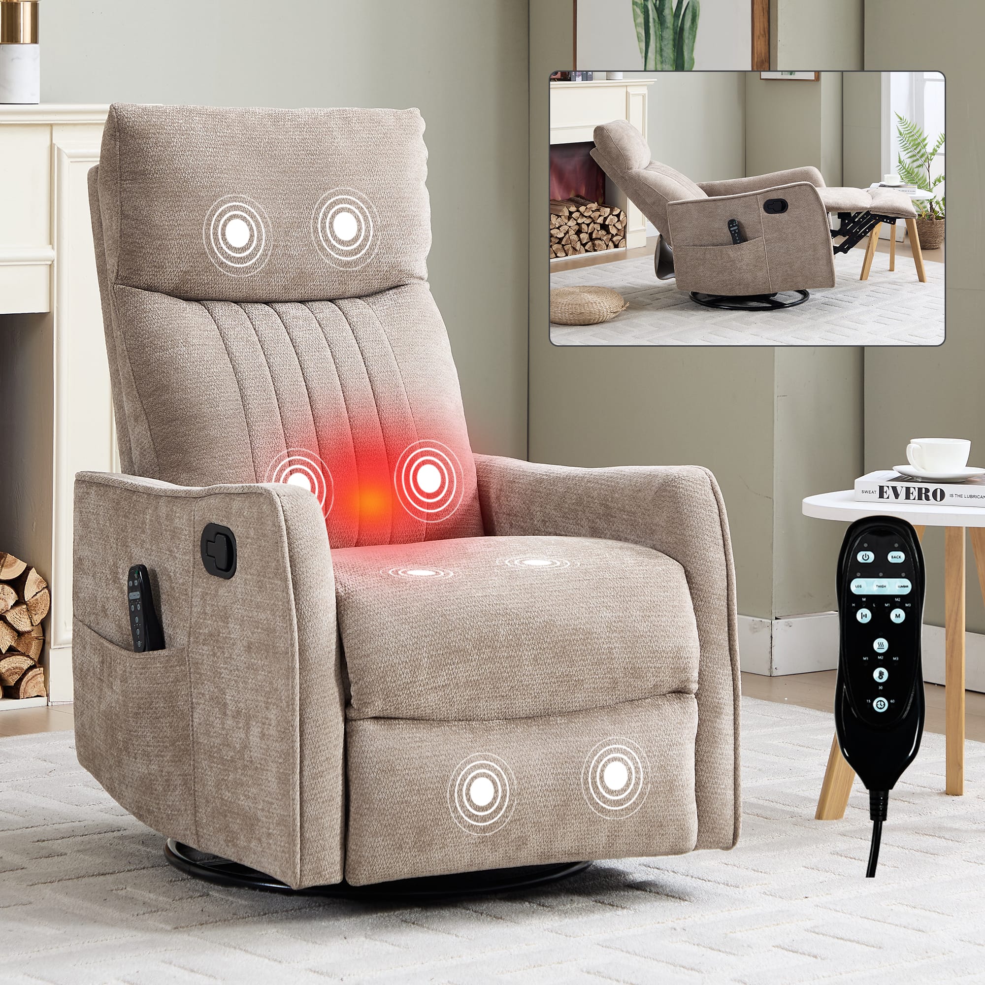 PexFix - Heat Massage Manual Recliner Chair with Rocker and Swivel in Chenille for Living Room - Khaki
