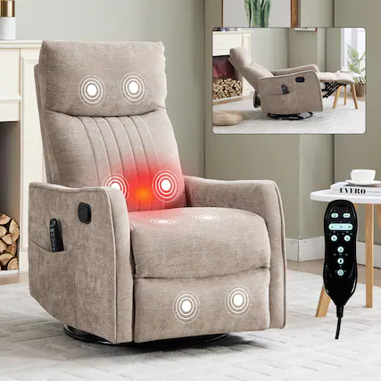 Front. PexFix - Heat Massage Manual Recliner Chair with Rocker and Swivel in Chenille for Living Room - Khaki.