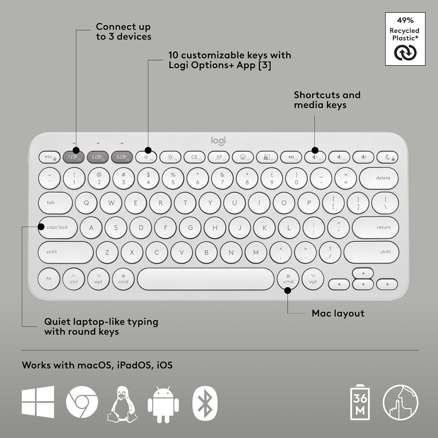Connect up to 3 devices

10 customizable keys with Logi Options+ App [3]

Shortcuts and media keys

49% Recycled Plastic*

Quiet laptop-like typing with round keys

Mac layout

Works with macOS, iPadOS, iOS

36 M