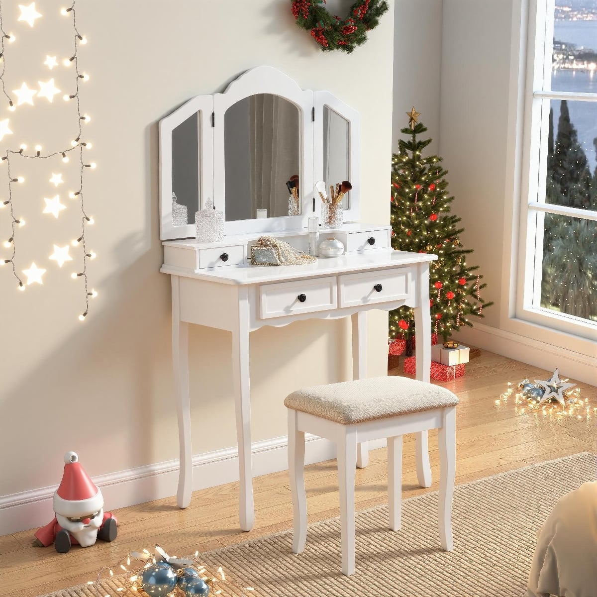 Loheer - Wooden Vanity Set with Three Panel Mirror and Stool - White