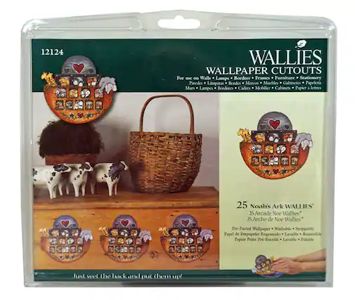 12124 WALLIES WALLPAPER CUTOUTS
For use on Walls, Lamps, Borders, Frames, Furniture, Stationery
Paredes, Lamparas, Bordes, Marcos, Muebles, Gabinetes, Papeleria
Murs, Lampes, Bordures, Cadres, Mobilier, Cabinets, Papier à lettres
25 Noah's Ark WALLIES
25 Arcade Noe Wallies
25 Arche de Noe Wallies
Pre-Pasted Wallpaper - Washable - Stripable
Papel de Empapelar Engomado - Lavable - Removable
Papier Peint Pr-Encollé - Lavable - Pelable
Just wet the back and put them up!