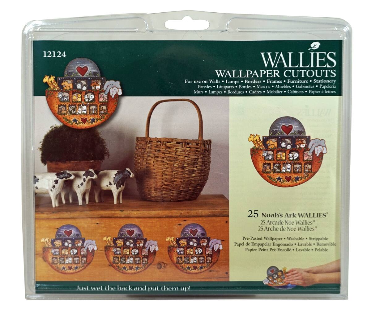 12124 WALLIES WALLPAPER CUTOUTS  
For use on Walls, Lamps, Borders, Frames, Furniture, Stationery  
Paredes, Lamparas, Bordes, Marcos, Muebles, Gabinetes, Papeleria  
Murs, Lampes, Bordures, Cadres, Mobilier, Cabinets, Papier à lettres  

25 Noah's Ark WALLIES  
25 Arcade Noe Wallies  
25 Arche de Noe Wallies  

Pre-Pasted Wallpaper - Washable - Stripable  
Papel de Empapelar Engomado - Lavable - Removable  
Papier Peint Pr-Encollé - Lavable - Pelable  

Just wet the back and put them up!