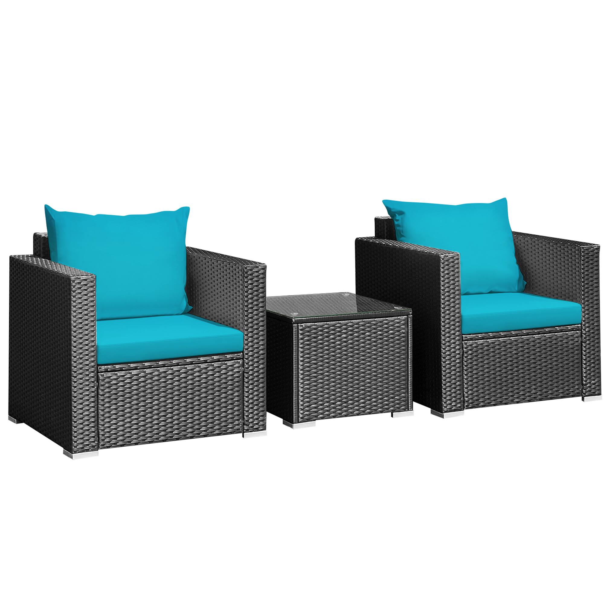 Alt View 1. Gymax - Gymax 3PCS Rattan Patio Conversation Furniture Set Outdoor w/ Turquoise Cushions - Turquoise.