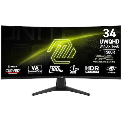The text on the image is grouped and corrected as follows:
"UNIE 34 UWQHD 3440 X 1440 AS TO MSI MAG ARSENAL 1500R GAMING msi - VA 180 1ms 1 ms HDR CURVED Gaming Panel Hz READY MPRT AI-VISION GAMING msi"