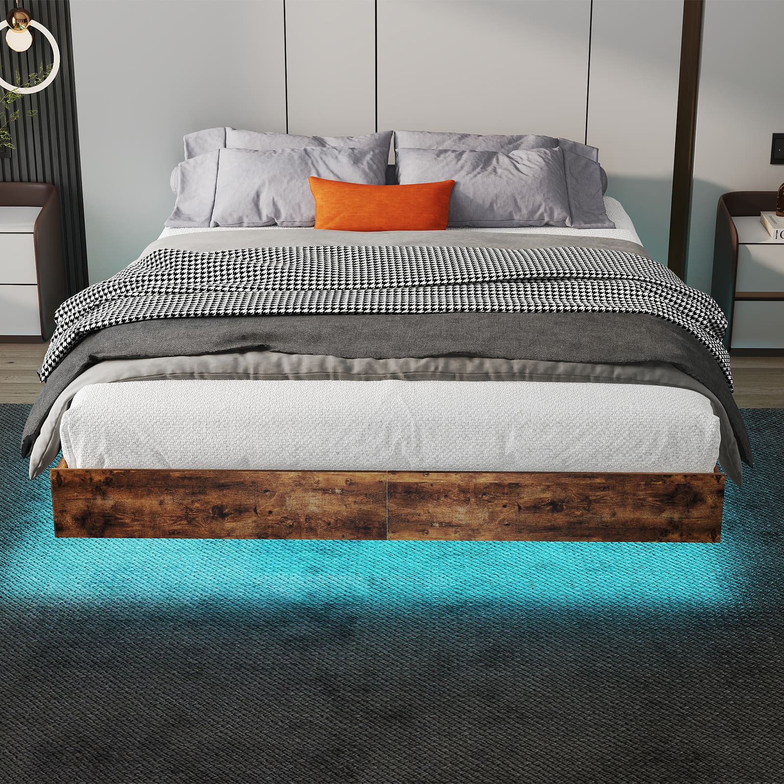 LUCKY ONE - Full Size Floating Bed Frame with LED Lights - Brown