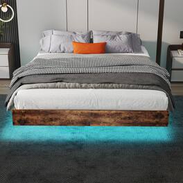 LUCKY ONE - Full Size Floating Bed Frame with LED Lights - Brown