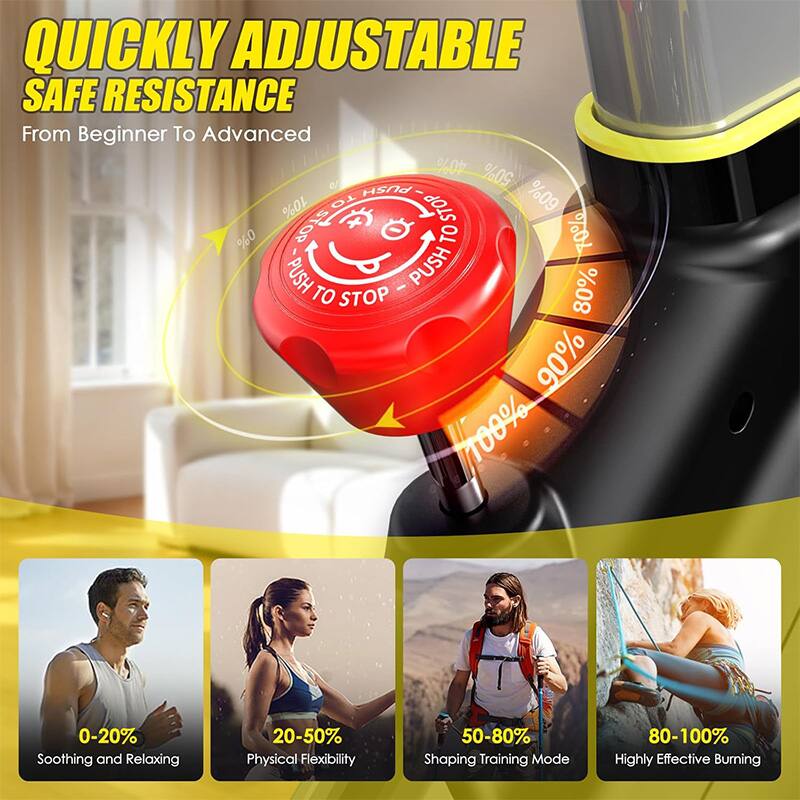 QUICKLY ADJUSTABLE SAFE RESISTANCE  
From Beginner To Advanced  

0-20% Soothing and Relaxing  
20-50% Physical Flexibility  
50-80% Shaping Training Mode  
80-100% Highly Effective Burning