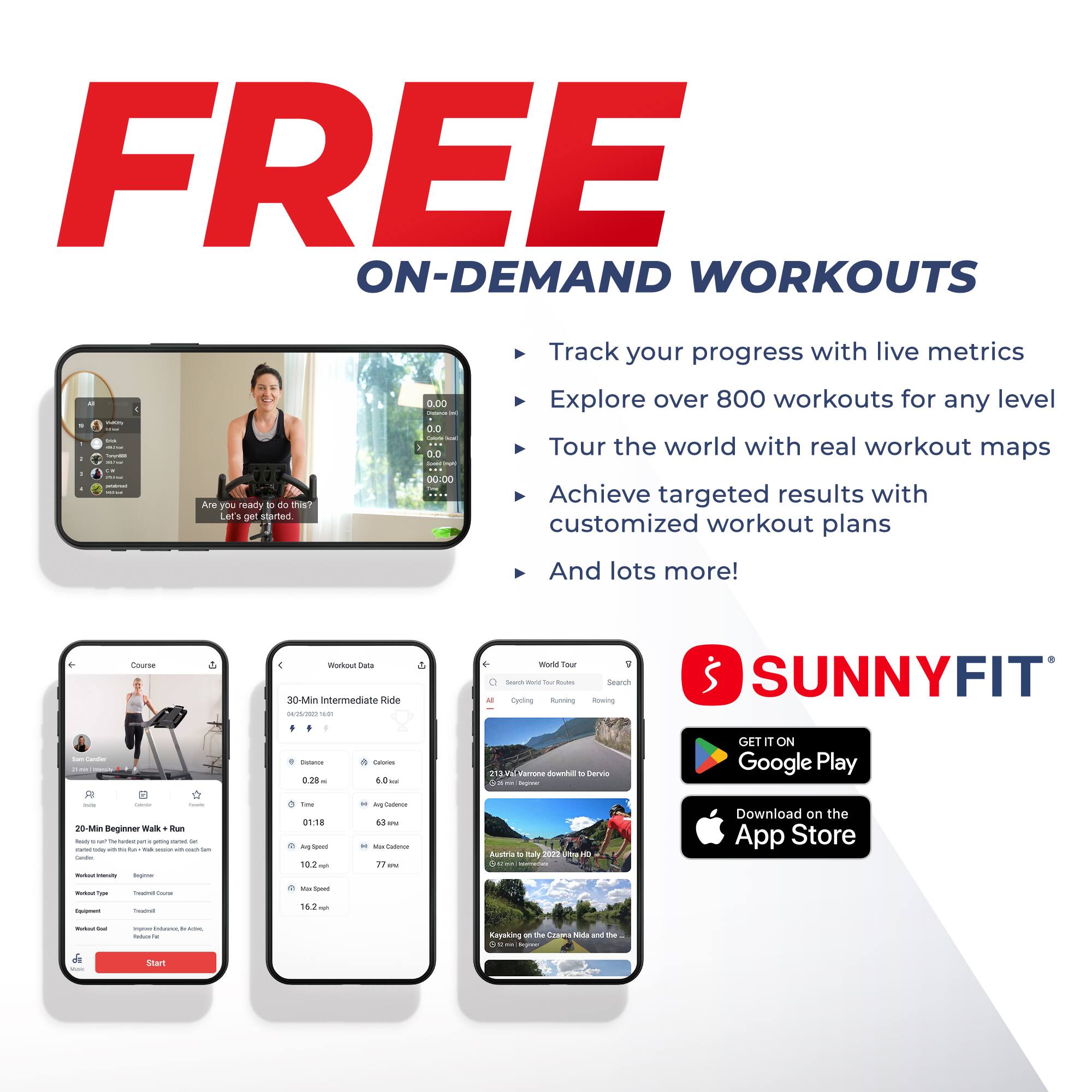 FREE ON-DEMAND WORKOUTS

Track your progress with live metrics
Explore over 800 workouts for any level
Tour the world with real workout maps
Achieve targeted results with customized workout plans
And lots more!

SUNNYFIT

GET IT ON Google Play
Download on the App Store