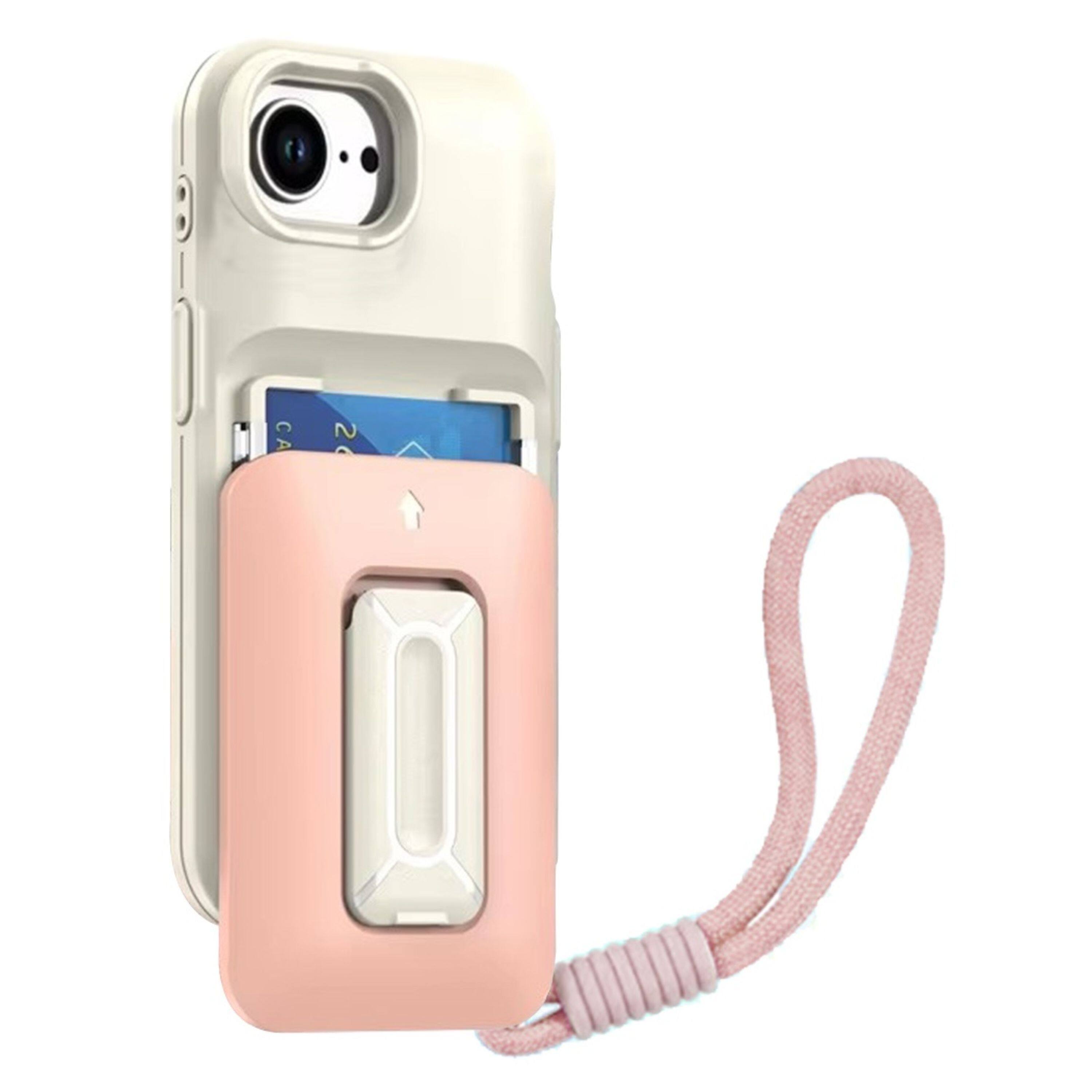 Angle. Kitcheniva - Matte Finish Phone Case With Card Holder Kickstand Strap Tempered Glass For iPhone 16e/17e Beige Light Pink - Beige Light Pink.