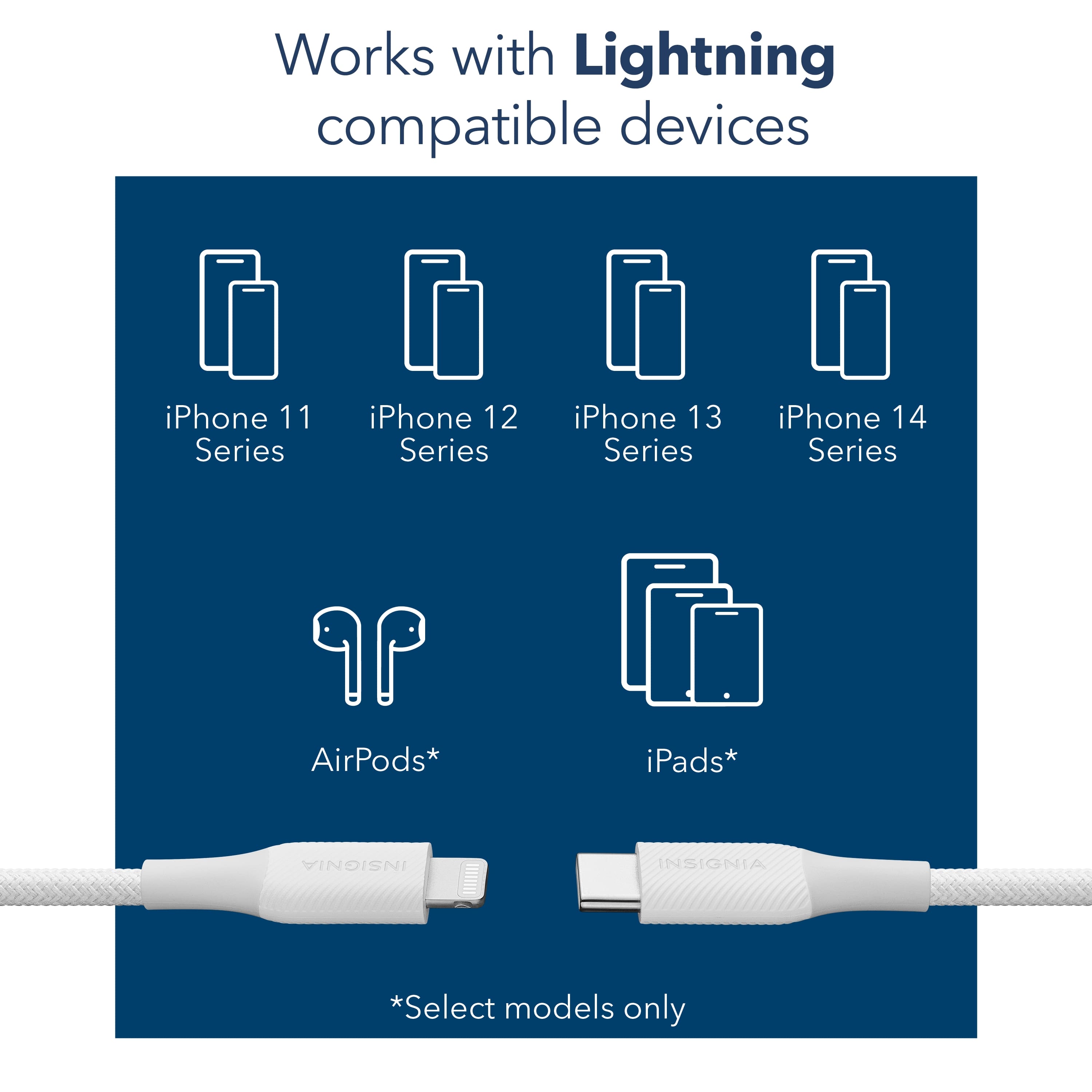 Works with Lightning compatible devices: iPhone 11 Series, iPhone 12 Series, iPhone 13 Series, iPhone 14 Series, AirPods, iPads. *Select models only.