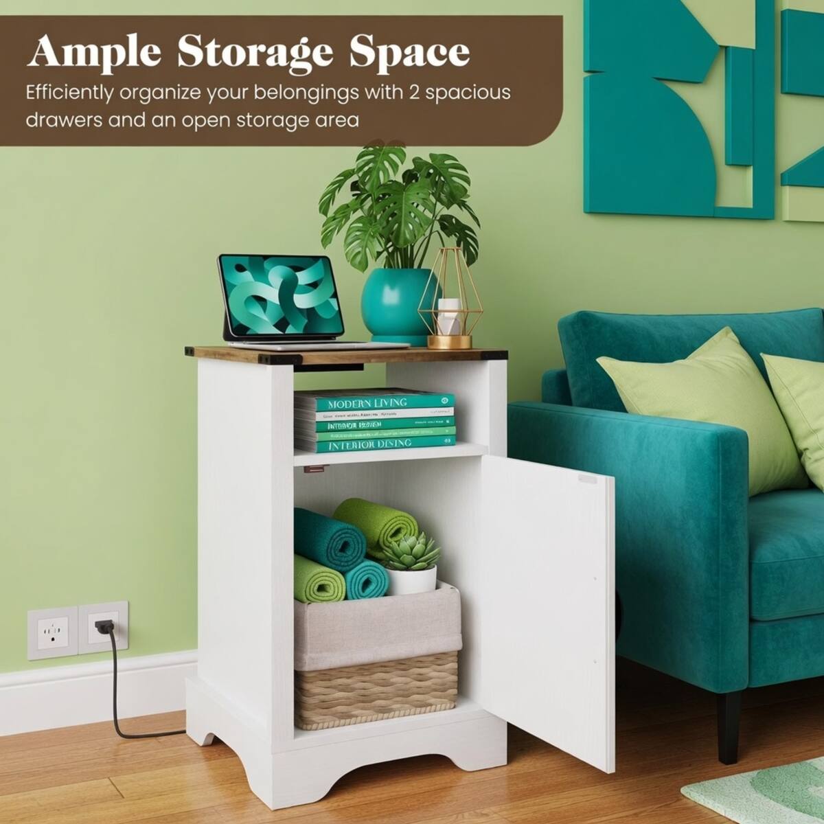 Ample Storage Space  
Efficiently organize your belongings with 2 spacious drawers and an open storage area

MODERN LIVING - Ayitility  
INTERIOR DESIGN