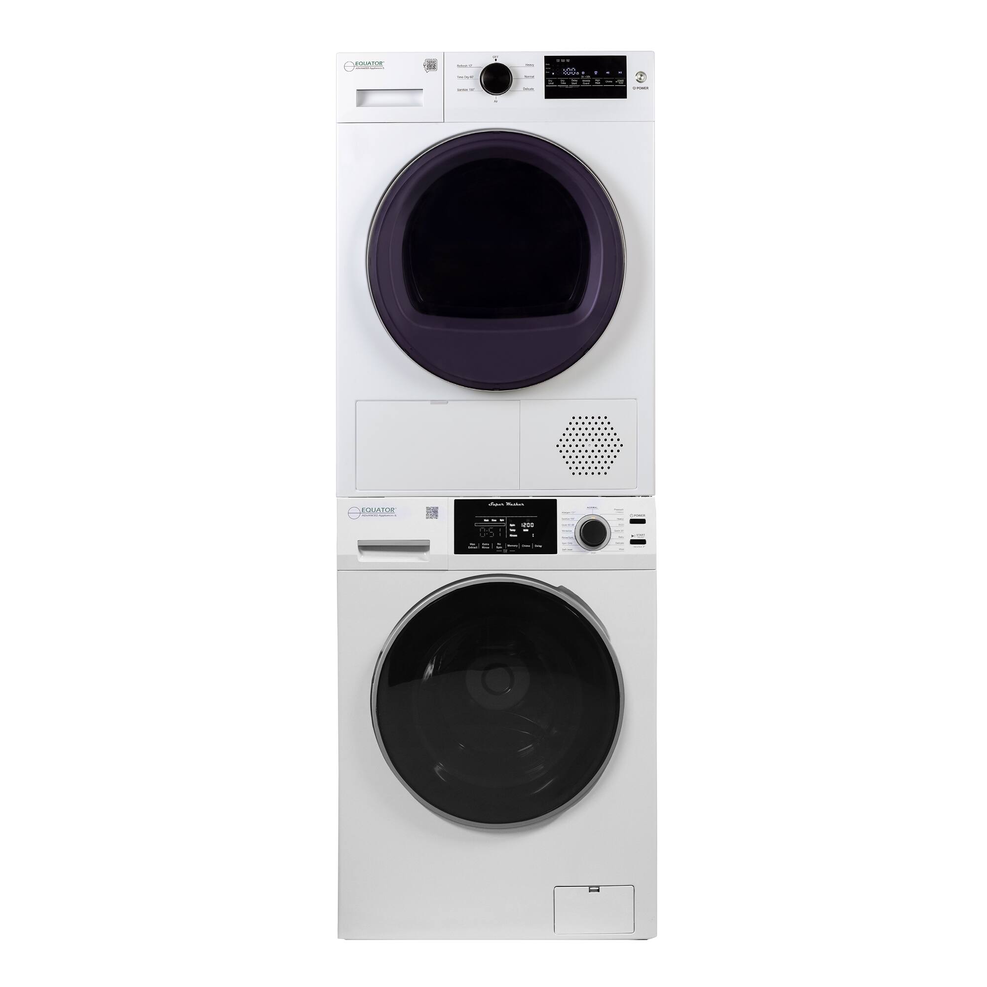 Front. Equator - Equator 110V STACKABLE EW 835 18lbs Washer 1.9cf + ED 890 HP HEAT PUMP Electric Dryer 3.7cf Ventlesss w/ Shelf - White.
