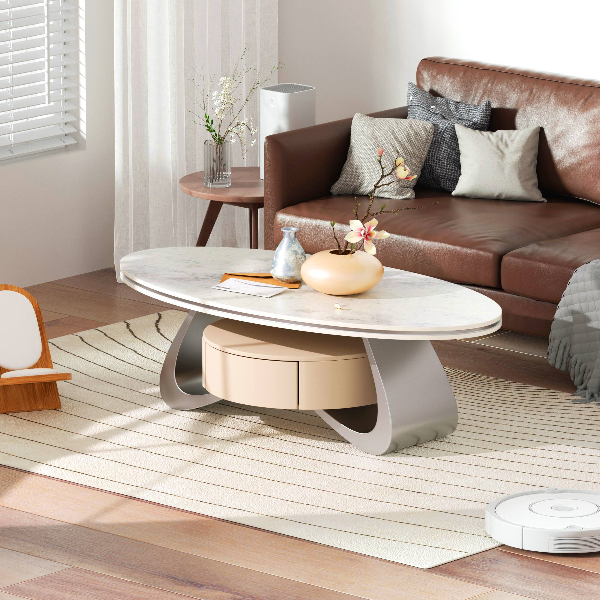 Alt View 4. MSOOB - 47.2" Oval Modern Coffee Table Luxury Faux Marble Top Stainless Steel Base - Multicolor.