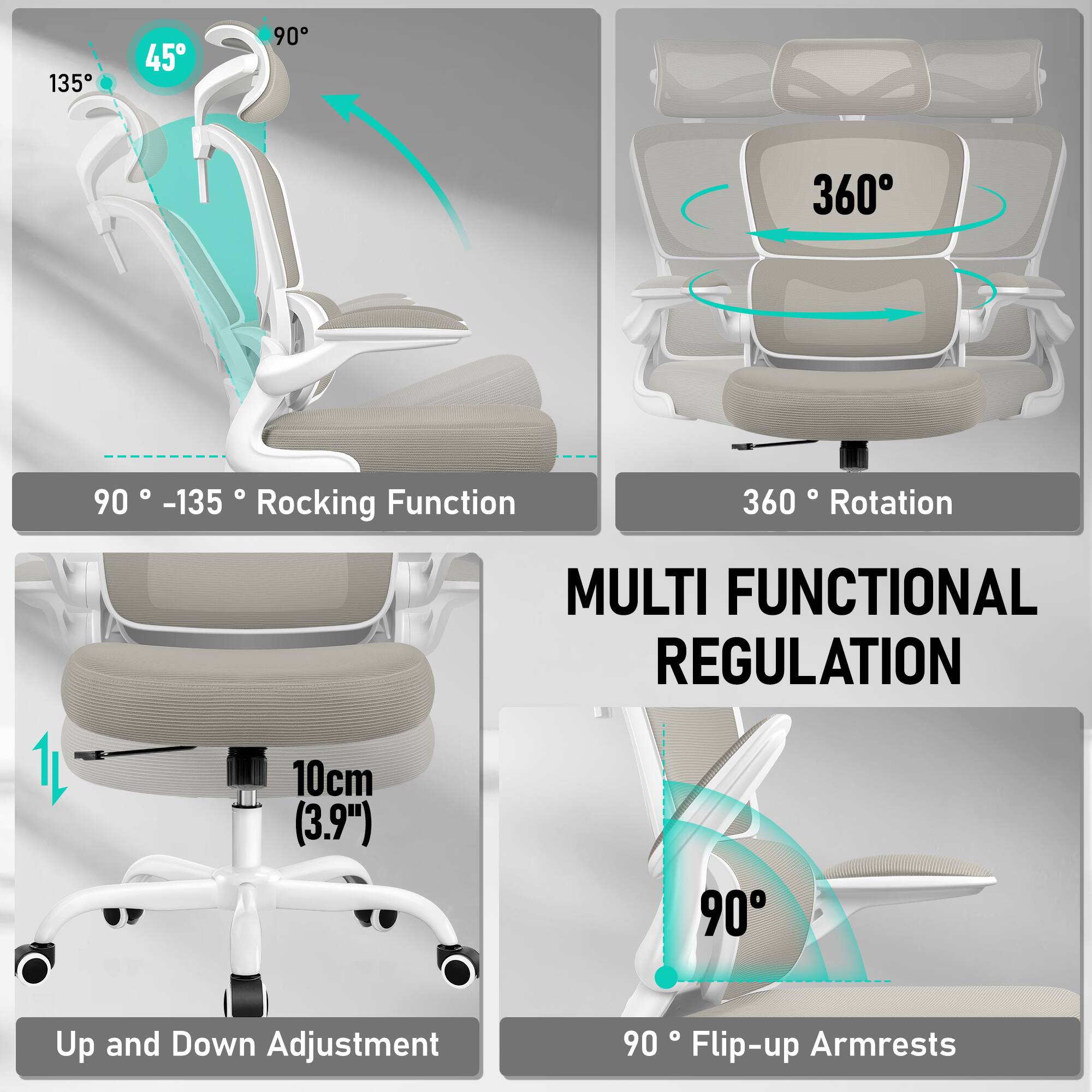 **MULTI FUNCTIONAL REGULATION**

- **90° - 135° Rocking Function**
- **360° Rotation**
- **Up and Down Adjustment (10cm / 3.9")**
- **90° Flip-up Armrests**