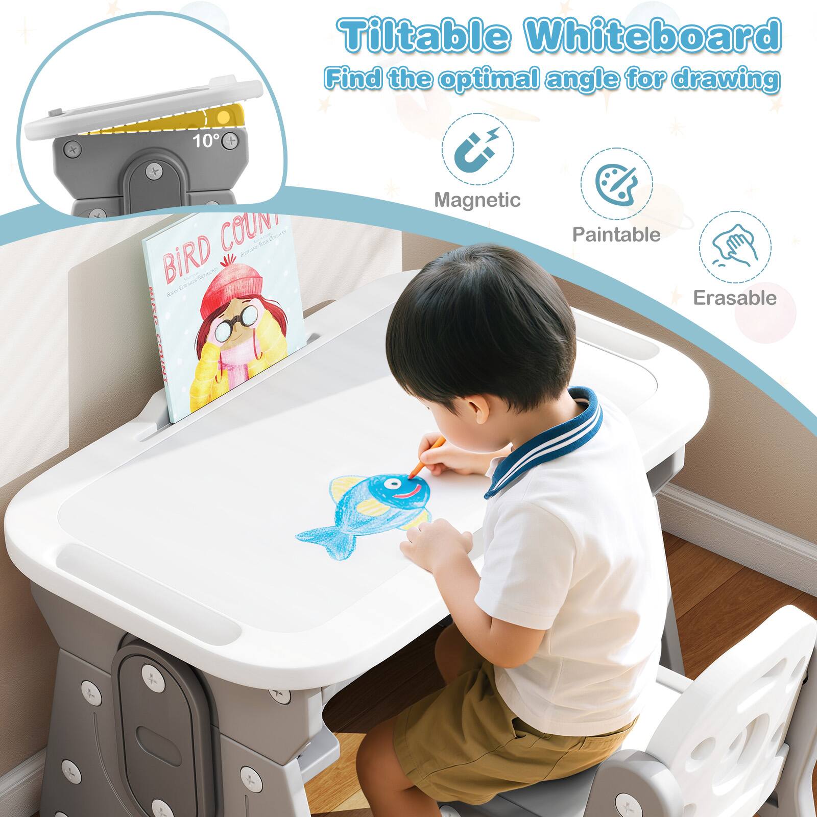 Tiltable Whiteboard  
Find the optimal angle for drawing  

Magnetic  
Paintable  
Erasable  

BIRD COUNT