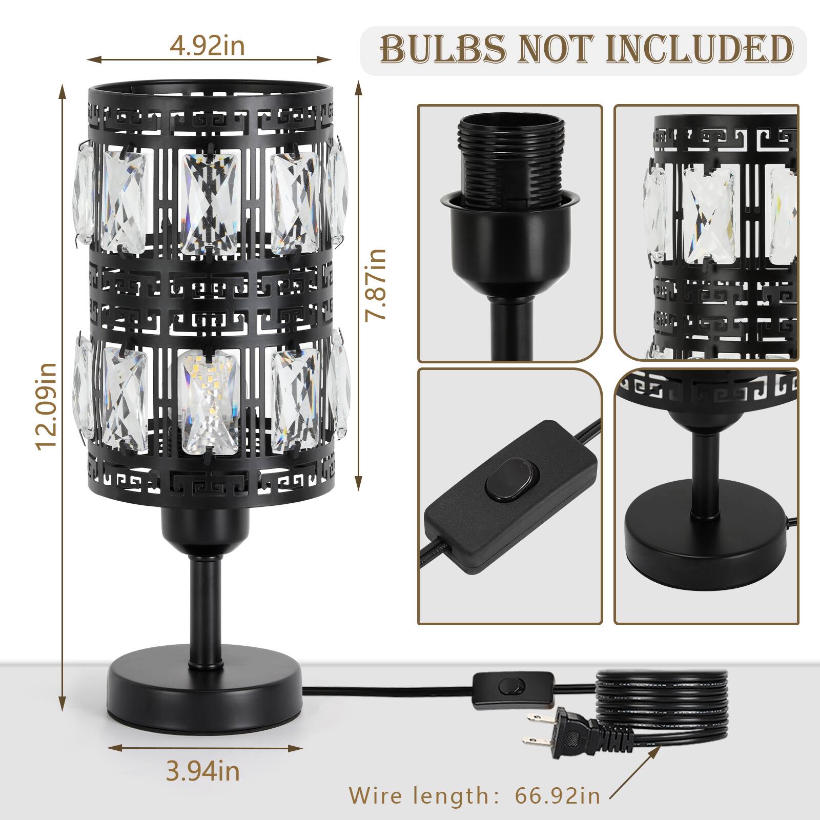 4.92in  
12.09in  
7.87in  
3.94in  
Wire length: 66.92in  

BULBS NOT INCLUDED