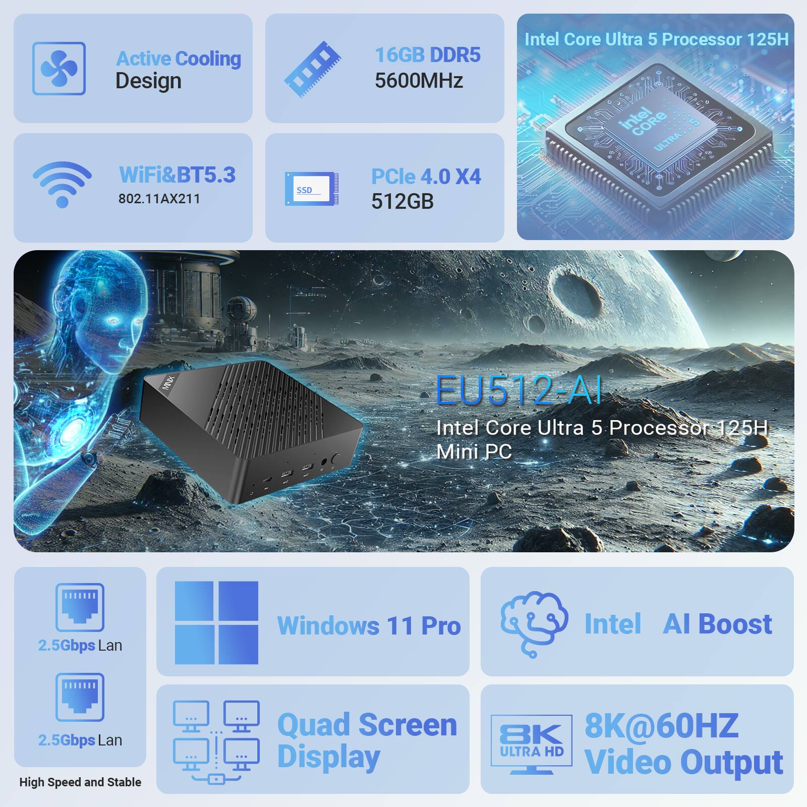 - Active Cooling Design
- WiFi&BT5.3 802.11AX211
- 16GB DDR5 5600MHz
- PCIe 4.0 X4 512GB SSD
- Intel Core Ultra 5 Processor 125H
- 2.5Gbps Lan
- Windows 11 Pro
- Intel AI Boost
- Quad Screen Display
- 8K@60HZ Video Output
- High Speed and Stable
- EU512-AI Intel Core Ultra 5 Processor 125H Mini PC