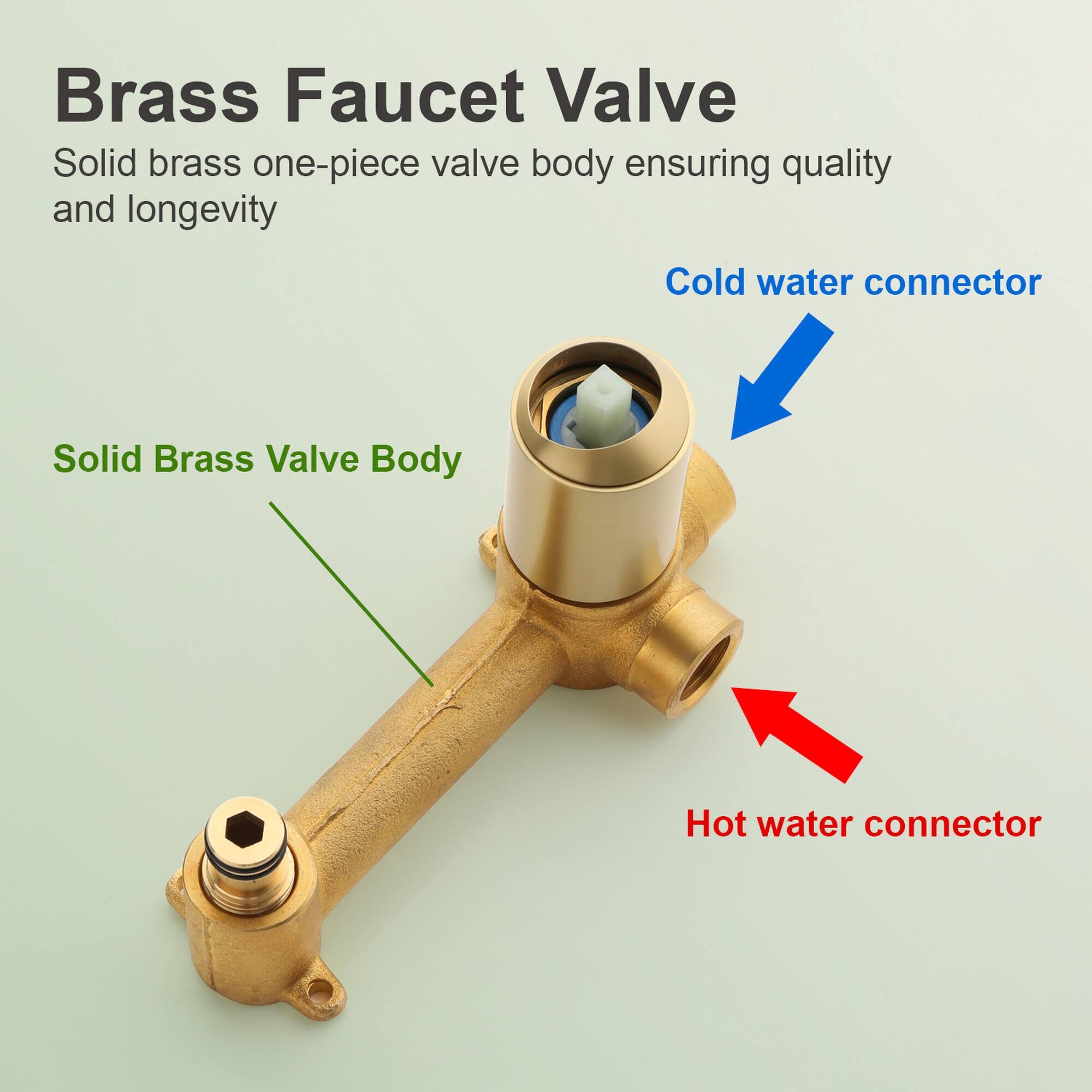 Brass Faucet Valve  
Solid brass one-piece valve body ensuring quality and longevity  

Cold water connector  
Solid Brass Valve Body  
Hot water connector