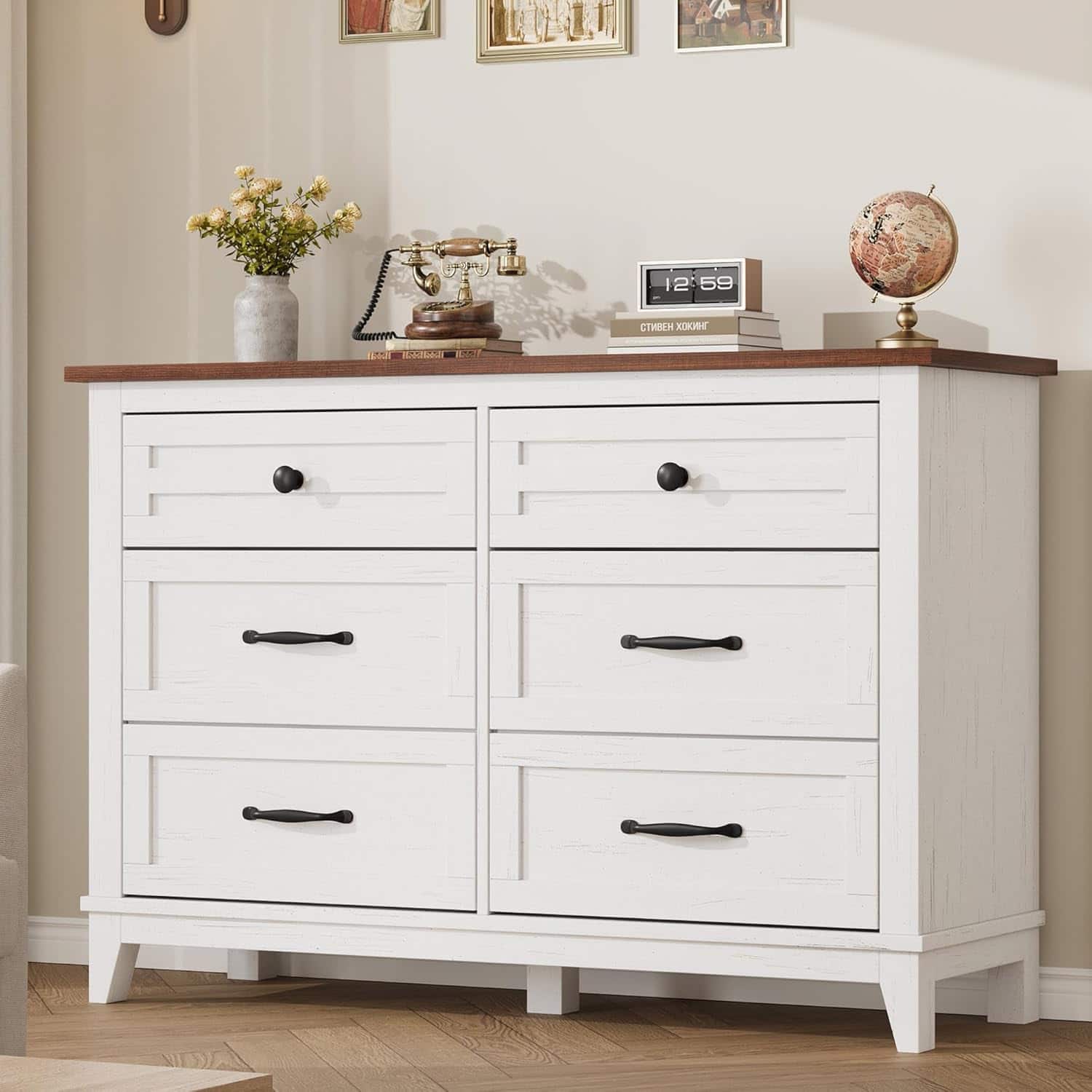 GARVEE - 6 Drawer Dresser for Bedroom, 47" Wide Chest with Storage, Wooden Closet Organizer for Entryway - Ash White+brown