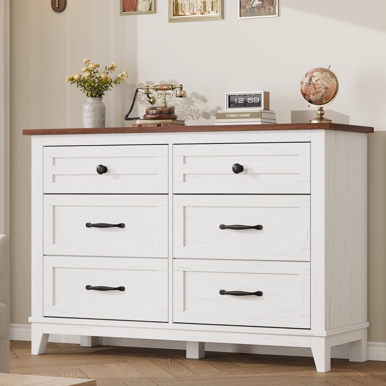 Front. GARVEE - 6 Drawer Dresser for Bedroom, 47" Wide Chest with Storage, Wooden Closet Organizer for Entryway, Ash White+Brown - Ash White+brown.