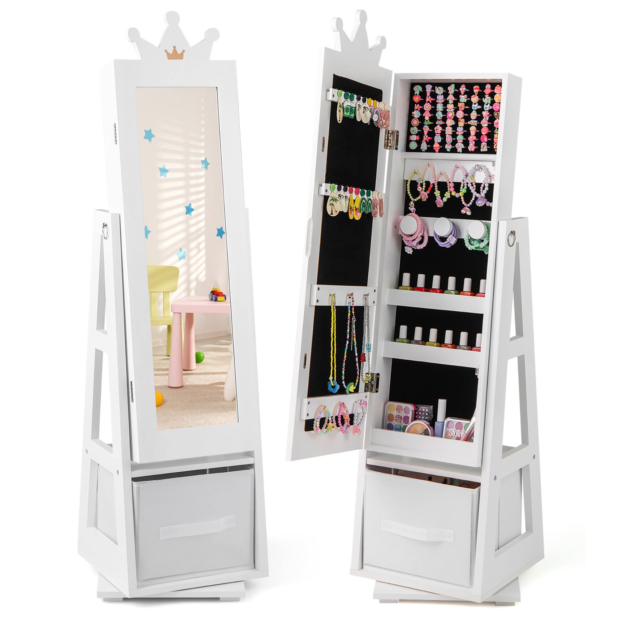 Front. Gymax - Gymax Kids Jewelry Cabinet with Full-Length Mirror Drawer 2 Adjustable Tilt Angles White - White.