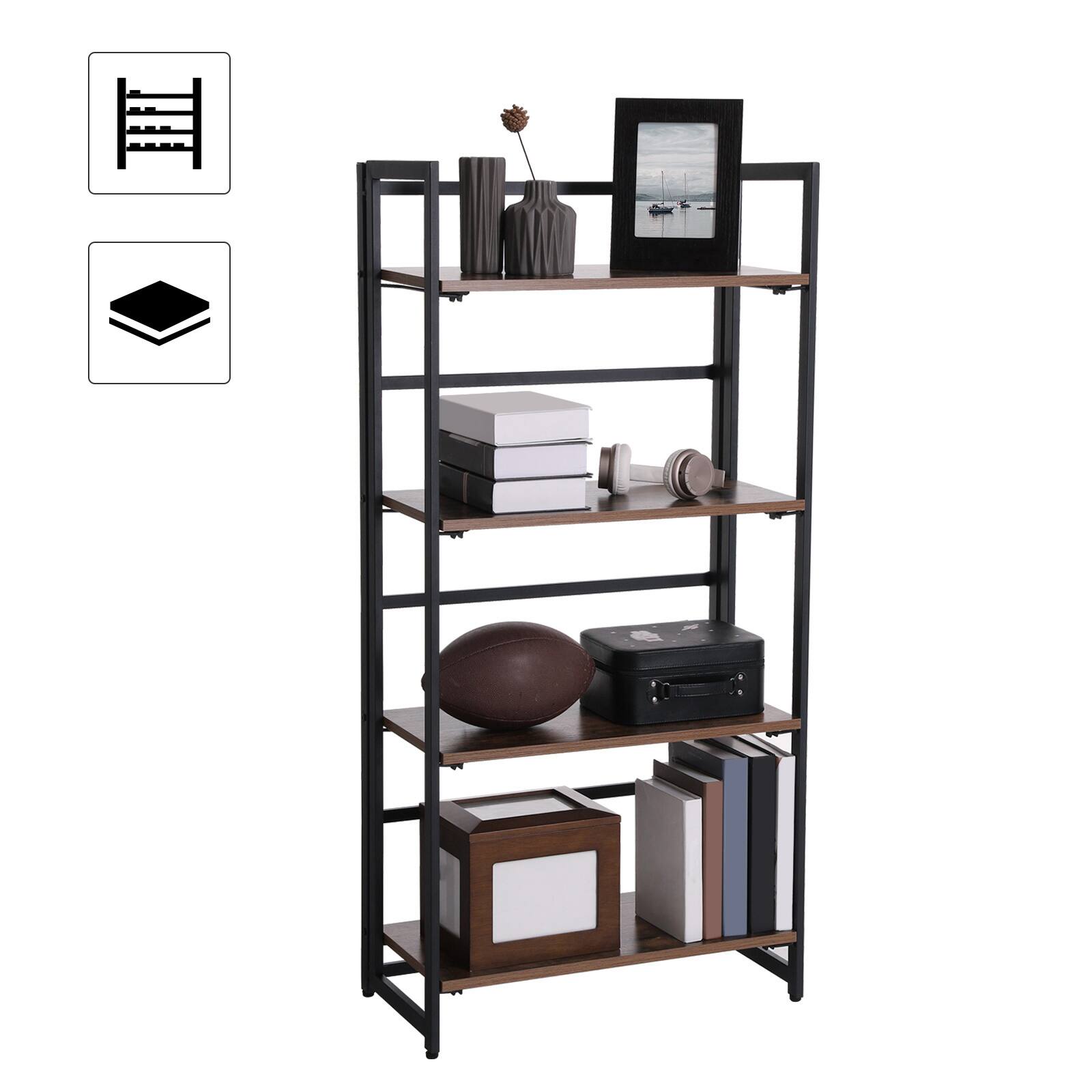 Left. Songmics Home - Industrial Bookshelf, Folding Bookcase, 4-Tier Ladder Shelf, Wood Look Accent Furniture with Metal Frame - Rustic Brown and Black.