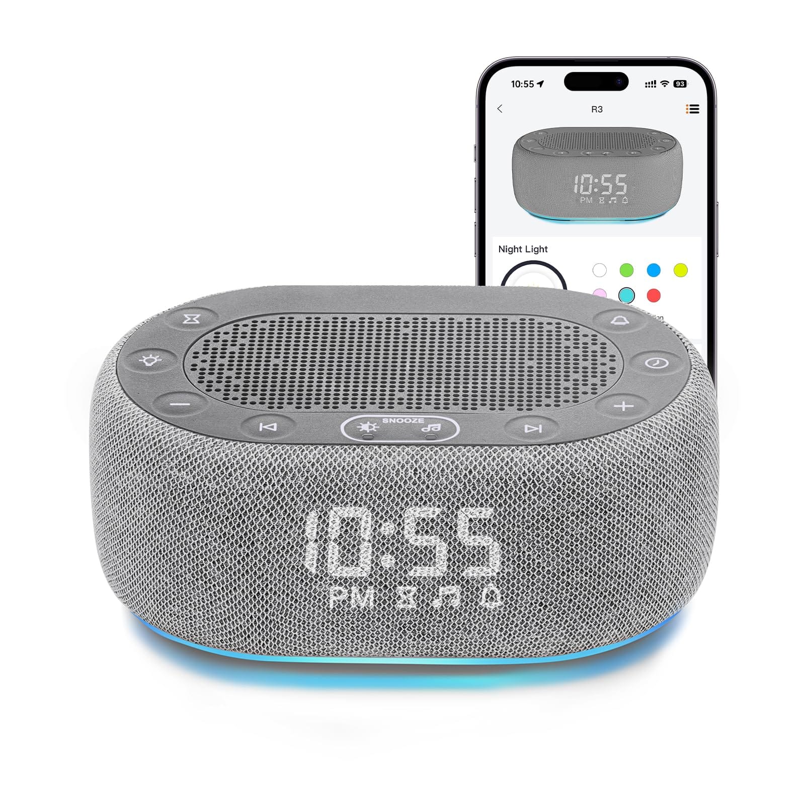 Dazzed Corner - Noise Sound Machine with Alarm Clock, 30 Sounds, App Control, 7-Color Light - Gray