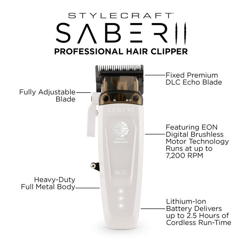STYLECRAFT SABERI PROFESSIONAL HAIR CLIPPER

- Fully Adjustable Blade
- Fixed Premium DLC Echo Blade
- Heavy-Duty Full Metal Body
- Featuring EON Digital Brushless Motor Technology
- Runs at up to 7,200 RPM
- Lithium-Ion Battery Delivers up to 2.5 Hours of Cordless Run-Time