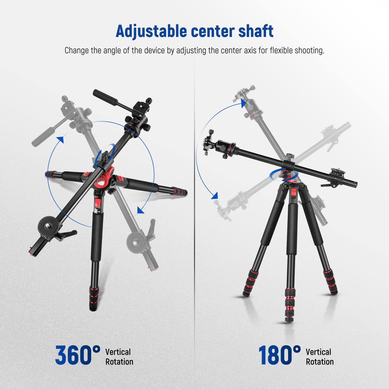 Adjustable center shaft  
Change the angle of the device by adjusting the center axis for flexible shooting.  

360° Vertical Rotation  
180° Vertical Rotation