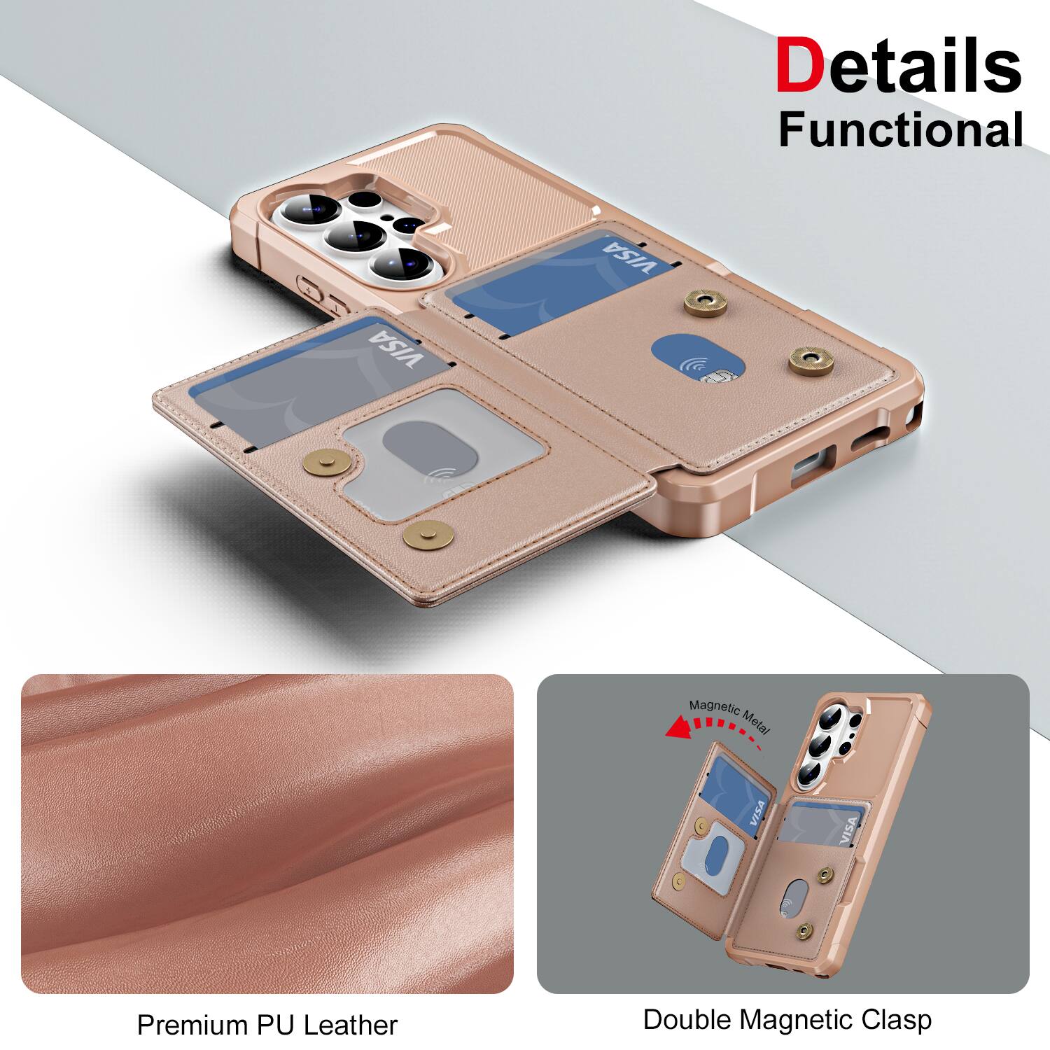 Details  
Functional  

Premium PU Leather  

Double Magnetic Clasp  

Magnetic Metal