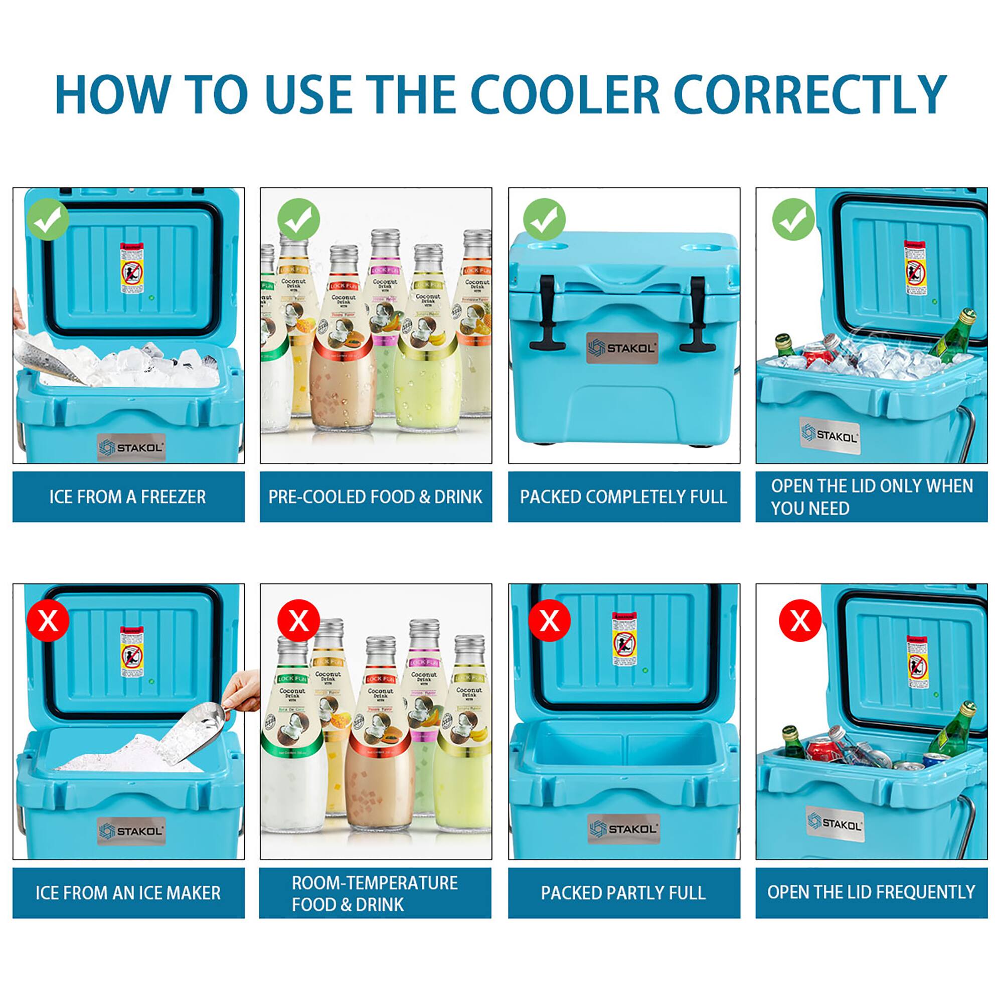 HOW TO USE THE COOLER CORRECTLY

- ICE FROM A FREEZER
- PRE-COOLED FOOD & DRINK
- PACKED COMPLETELY FULL
- OPEN THE LID ONLY WHEN YOU NEED

- ICE FROM AN ICE MAKER
- ROOM-TEMPERATURE FOOD & DRINK
- PACKED PARTLY FULL
- OPEN THE LID FREQUENTLY