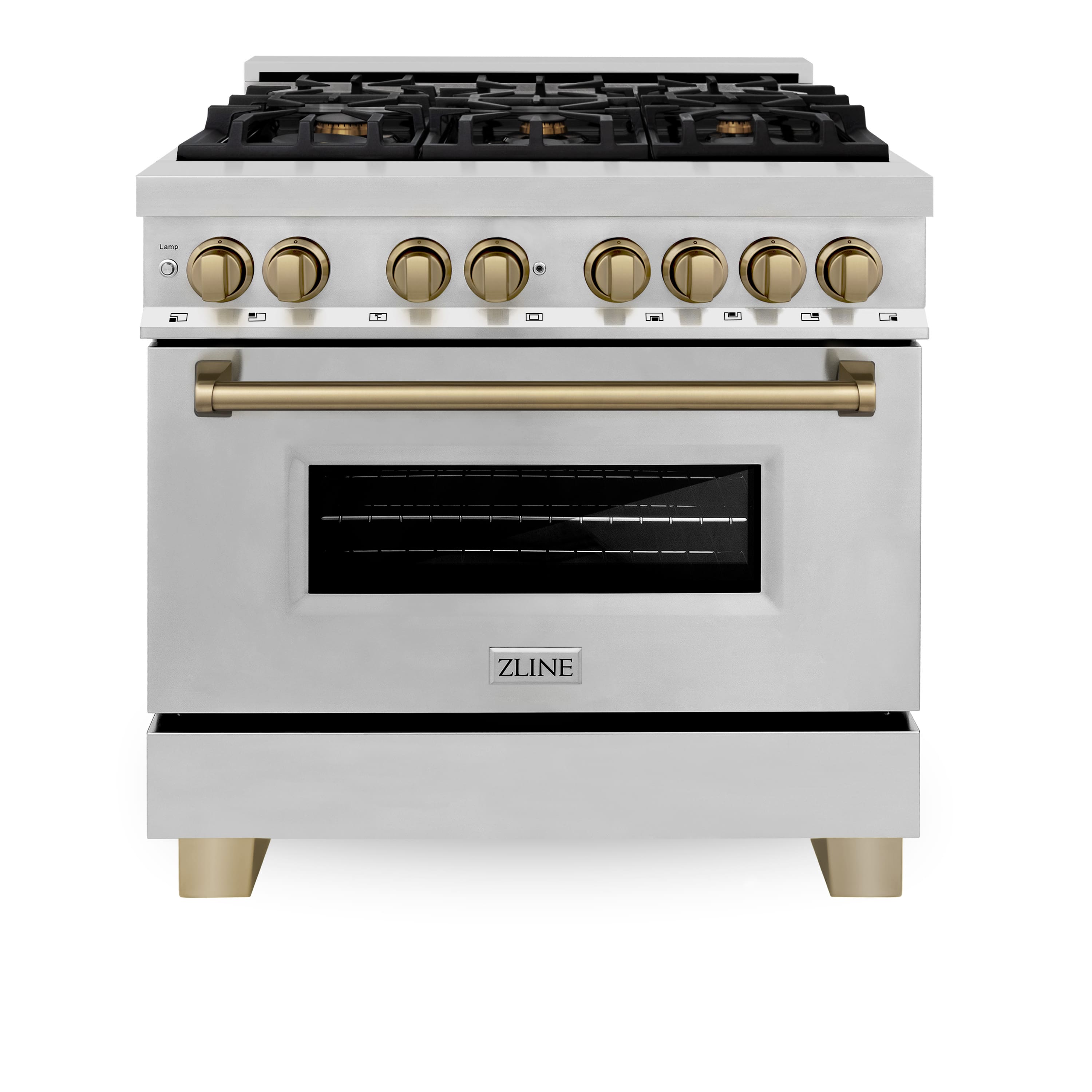 ZLINE - Autograph 36 in. 4.6 cu. ft. Legacy Freestanding Dual Fuel Range with  6 Burners & Convection Oven w/ Bronze Accents - Stainless Steel/Champagne Bronze Accents
