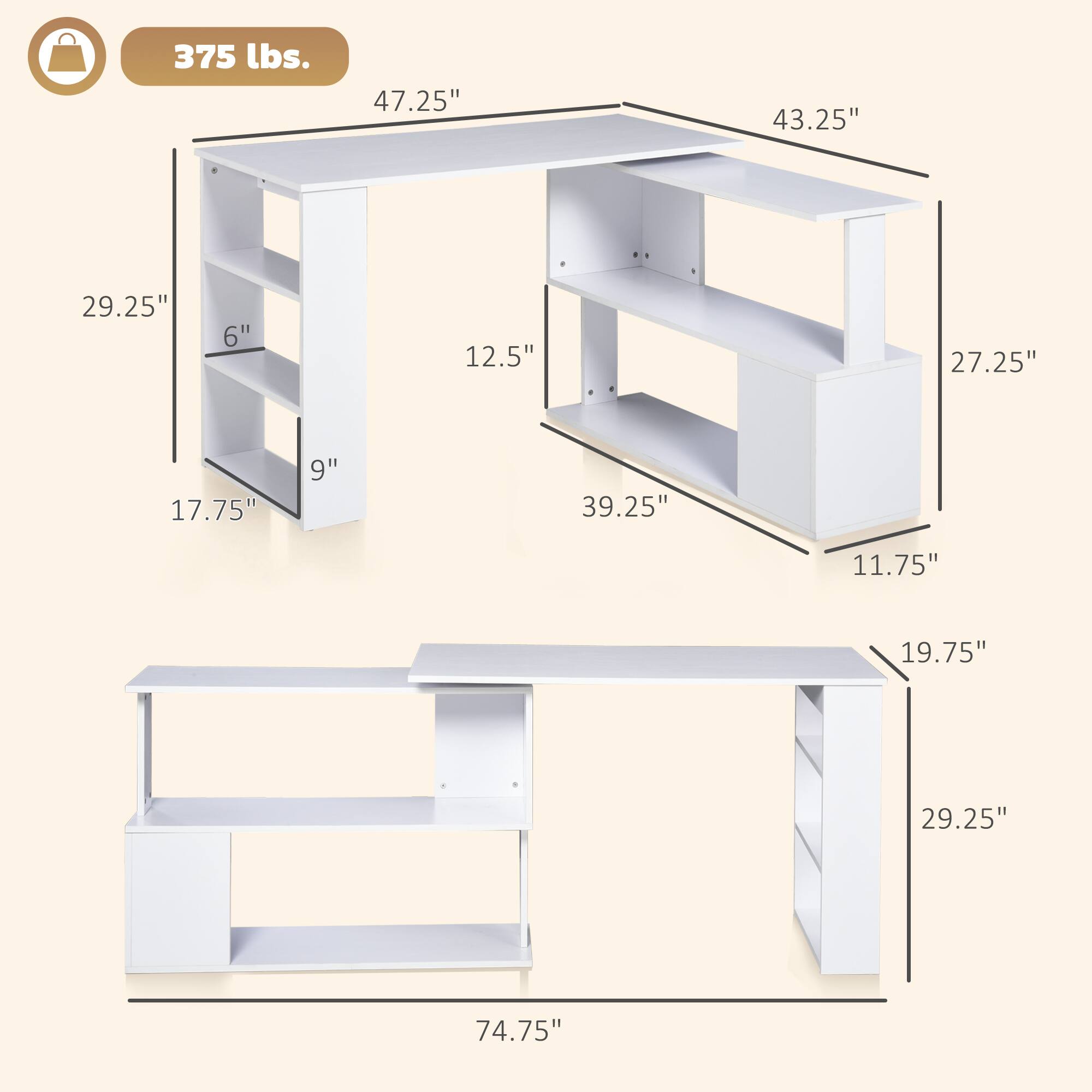 375 lbs.  
47.25"  
43.25"  
29.25"  
6"  
12.5"  
27.25"  
17.75"  
9"  
39.25"  
11.75"  
19.75"  
29.25"  
74.75"