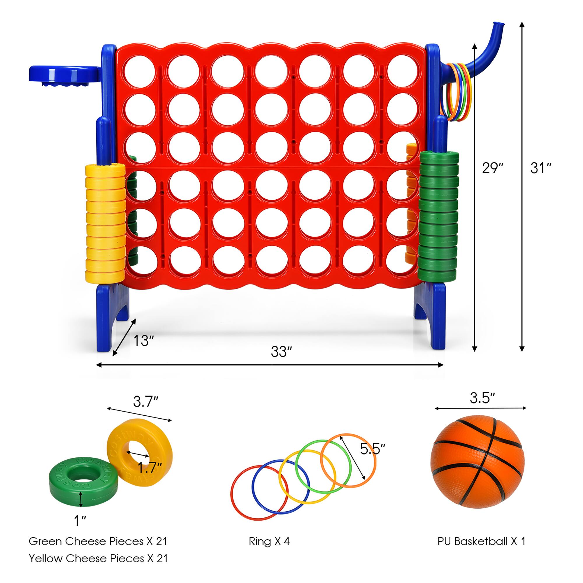 31", 29", 33", 13", 3.7", 3.5", 1.7", 5.5", 1" Green Cheese Pieces X 21, Yellow Cheese Pieces X 21, Ring X 4, PU Basketball x 1